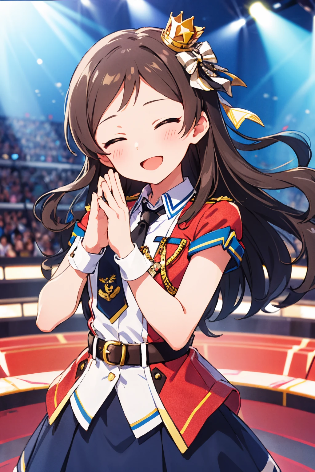 kitazawa shiho, shinny trinity, 1girl, closed eyes, long hair, open mouth, own hands together, smile, wrist cuffs, solo, brown hair, black neckwear, belt, black hair, ^ ^, facing viewer, short sleeves, blue skirt, blurry background, :d, pleated skirt, black belt, blush, hair bow, red jacket, white shirt, cuff links, palms together, mini crown, depth of field, floating hair, hair ribbon, hands up, epaulettes, star \(symbol\), short necktie, head tilt, standing, collared shirt, parted bangs, own hands clasped, stage, stage lights, swept bangs, buckle, upper body, cowboy shot, clapping, white bow, belt buckle, solo focus, hair ornament, aiguillette, gold trim, wing collar, looking at viewer, open clothes, singing
<lora:kitazawa_shiho_locon_v1:0.7>