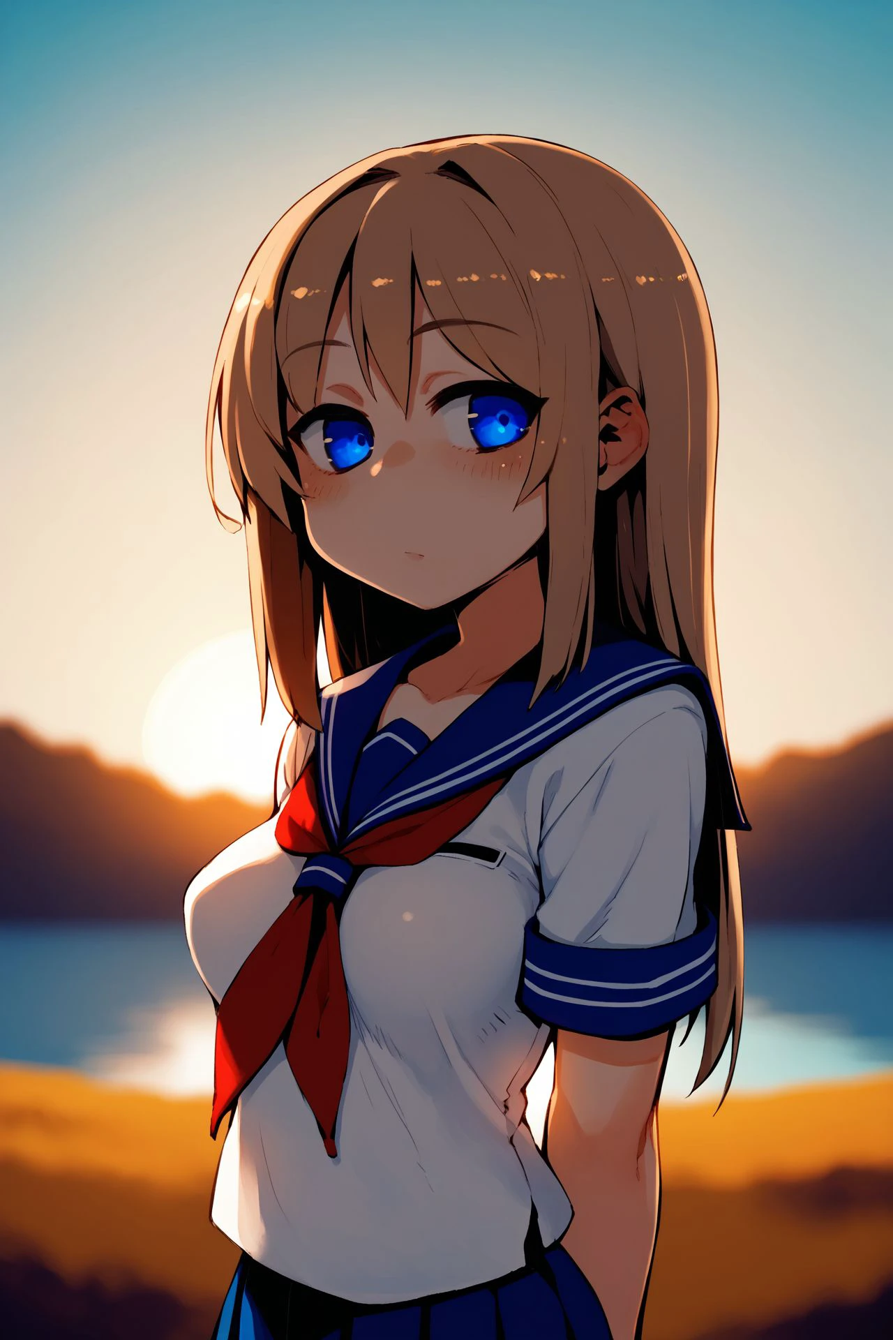 score_9, score_8_up, score_7_up, 1girl, pupils sparkling, light_brown hair, full_bangs, blue eyes, breasts, arms_behind_back, serafuku \(sailor uniform\), outdoors, backlighting <lora:masha_PonyXL_style_v01:1>