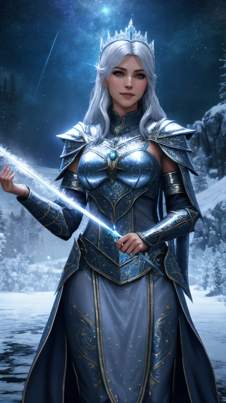 close view of powerful magician woman, ((casting spell)),
shiny silver armor, circlet, diadem, jewelry,
magic aura, starry sky,
(magical frost shield aura),
facing viewer,  smiling, 
magicka academy behind,
BREAK
(skyrim style), 
 <lora:woafu_rpgstyle:0.8>