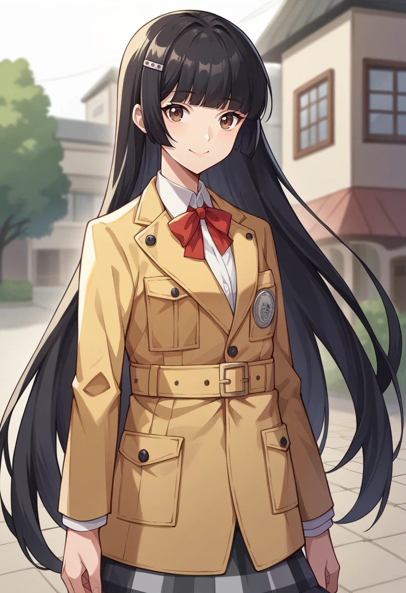 score_9, score_8_up, score_7_up, source_anime BREAK 1girl, solo,   <lora:zs_RikoXL:1> rikop5x, black hair, very long hair, blunt bangs, hairclip, brown eyes, blazer, shirt, red ribbon, plaid skirt, cowboy shot, town, looking at viewer, smile