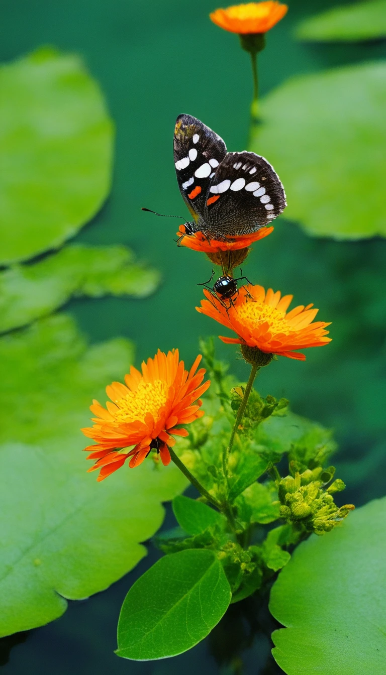 insect world,close-up,<lora:æè«ä¸ç:0.8>,a butterfly is perched on a flower near a body of water,wings,a green bug on a flower,a close up of a leaf with a spider on it,a wasp on a piece of fruit,a butterfly on a table,tile floor,a small orange beetle on the ground,