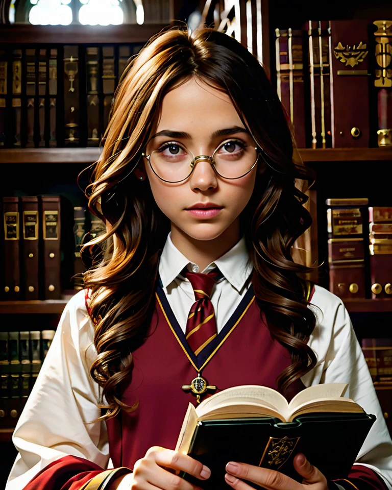 Chz-StellaM, 8k, close-up RAW photo of 1girl as a real-life student wizard, (wearing Hogwarts Academy uniforms:1.3), glasses, finishing a ritual summoning in an old library, (meticulously-detailed, Ultra-HD-realistic:1.3), (perfect eyes, masterpiece, best quality:1.5),