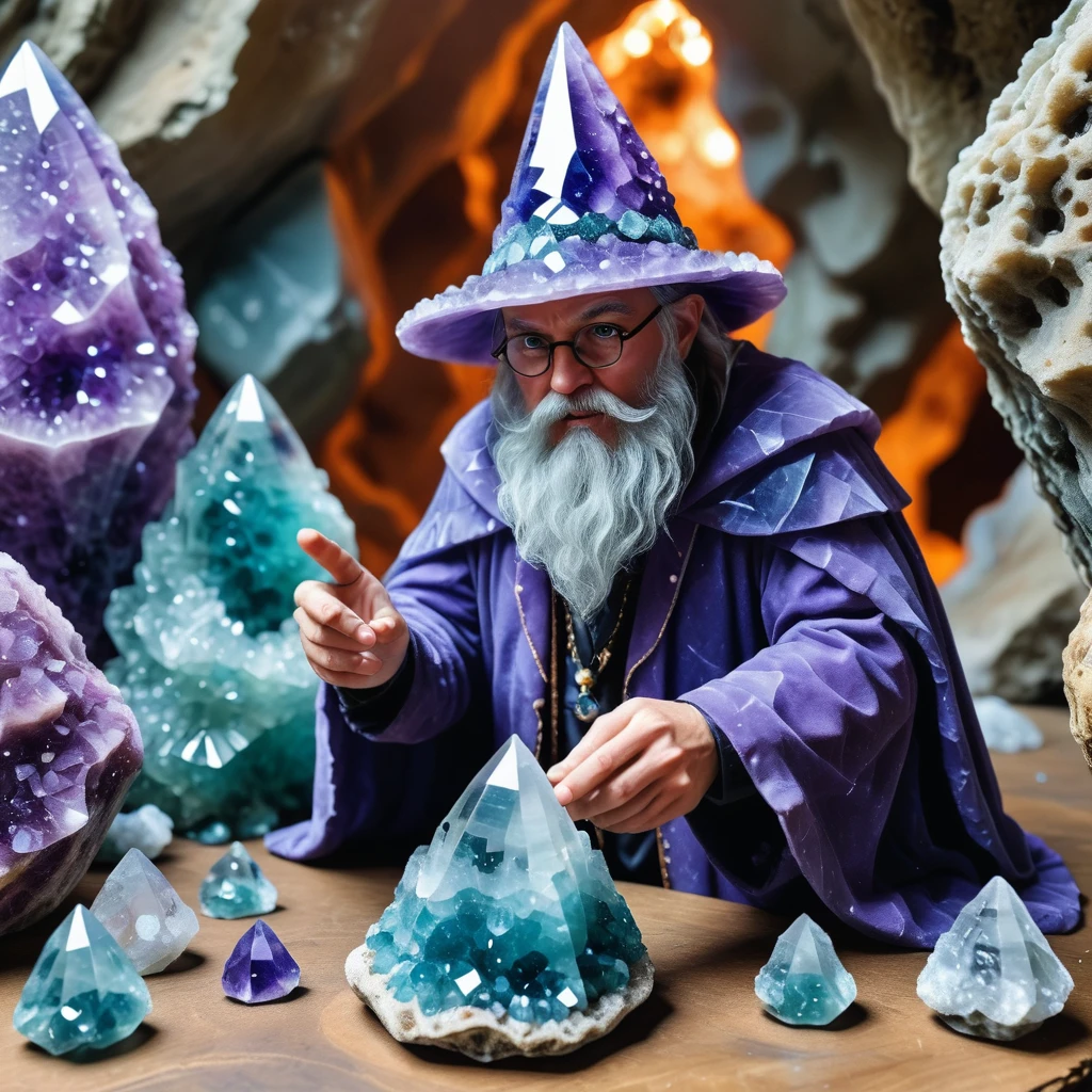 <lora:crystal-geode:1>mdgd a geomancer wizard wearing a crystal wizard hat making geodes