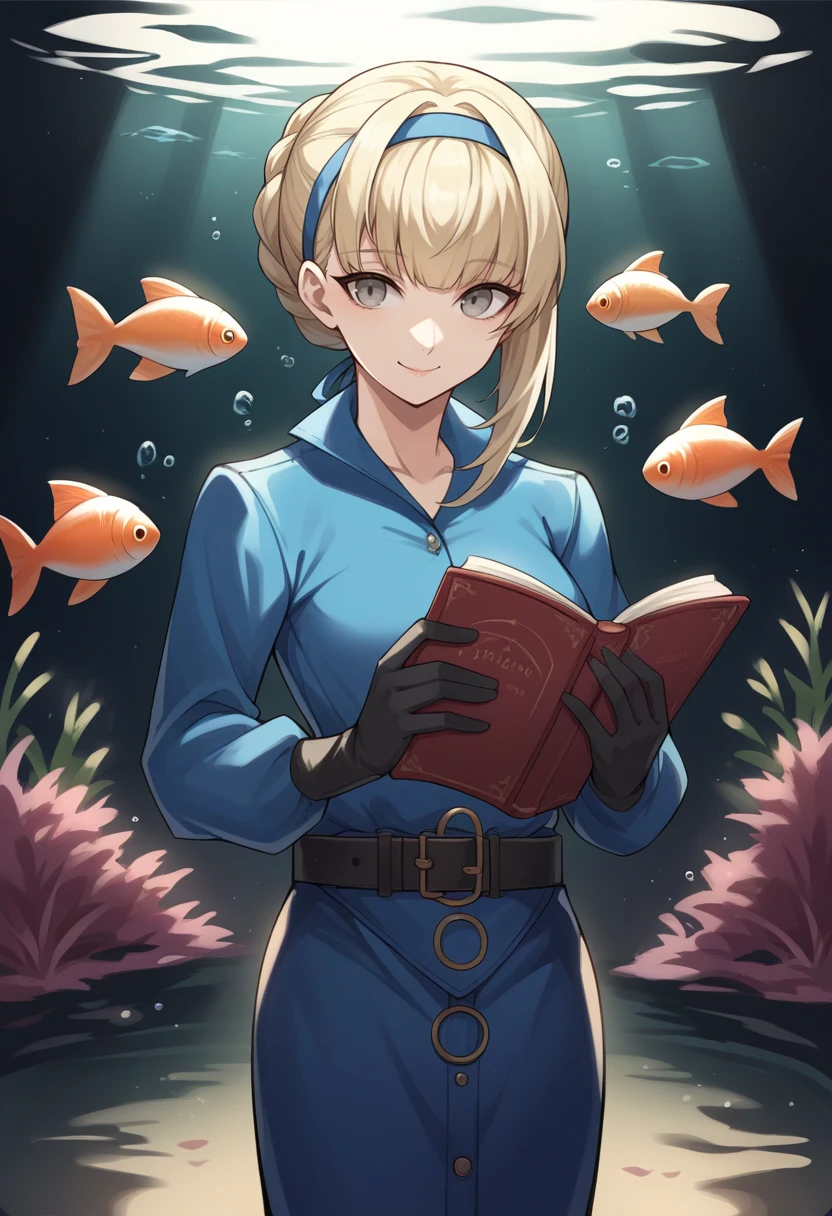 score_9, score_8_up, score_7_up, source_anime BREAK 1girl, solo,   <lora:zs_MeropeXL:1> meropep5x, blonde hair, hairband, braid, bangs, grey eyes, blue shirt, belt, black gloves, long blue skirt, black pantyhose, indoor aquarium, fish, dark environment, artificial lighting, holding book, assertive female, confidant, smile, closed mouth