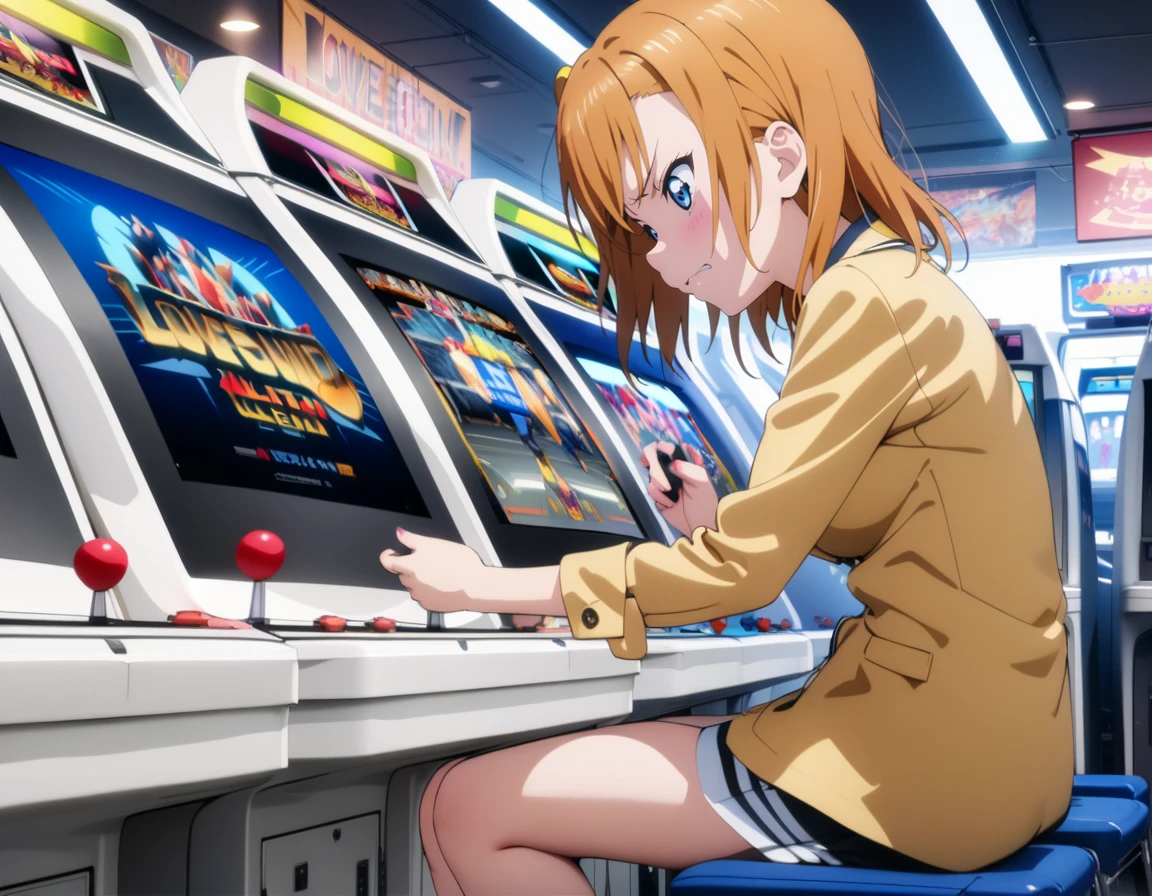 masterpiece, best quality, ultra detailed, highres,4k,(ultra-detailed:1.4) (illustration:0.5), (ray tracing,:0.8),(anime colored:0.7),(ai-generated:0.5),
1girl,solo,
kousaka honoka, love live!,blue eyes,
angry,
<lora:arcadegameXL1:1>,arcadegame,
arcade cabinet,playing games,video game,holding joystick,display,sitting, looking down,