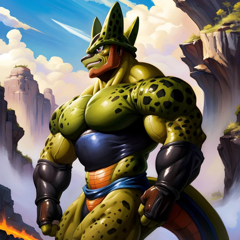 score_9, score_8_up, score_7_up, score_6_up, score_5_up, score_4_up,
vivid colors, 8K, hi-fi,
green skin, dragonball z, evil, villain, tail, intricate detailed eyes, perfect proportions, powerful muscular body, perfect hands, veiny muscular body, thick arms, large biceps, large pecs, fingerless gloves, 
((in the style of the Dragonball Z, ))
((in the style of and art by Akira Toriyama, jiandou, taran fiddler, darkgem, ruaidri, yupa, kiyosan, )),
 <lora:SemiperfectCell:0.85>