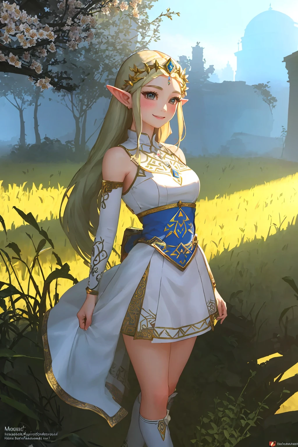 masterpiece, ultra-detailed, best quality, illustration, 8k cg wallpaper, an extremely delicate and beautiful, 1girl, Princess Zelda /(The Legend of Zelda/), solo, perfect anatomy, smiling, blushing, perfect arms, perfect hands, perfect fingers, perfect legs, cute, pretty, beautiful, sexy, perfect body, (background: flowery field, grass, trees, flowers, ruins, intricately detailed items in background), <lora:Inside:1>