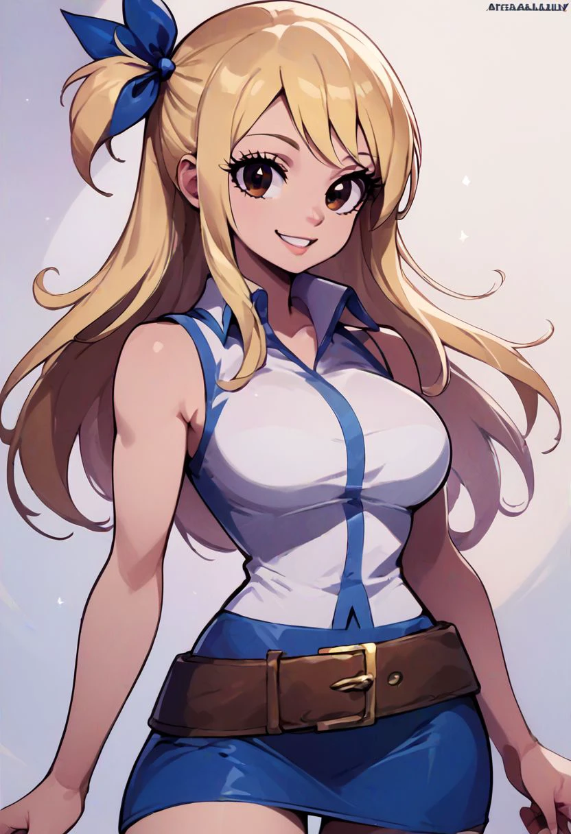 high resolution, score_9, score_8_up, score_8, medium breasts, cute, eyelashes , 
aaLucy, lucy heartfilia, hair ribbon, blonde hair, long hair, large breasts, white shirt, sleeveless, belt, blue skirt,
smile, solo, looking at viewer, cowboy shot