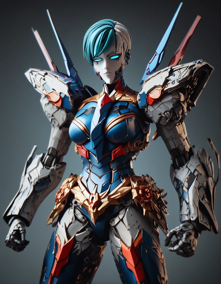 gunpla, score_9, score_8_up, score_7_up, score_6_up, score_5_up, 3d render, ((masterpiece)), digital anime, giant fighting robot, painted like (Gwen Stefani), glossy metal, shining metal, mechanical face,  ruined city background