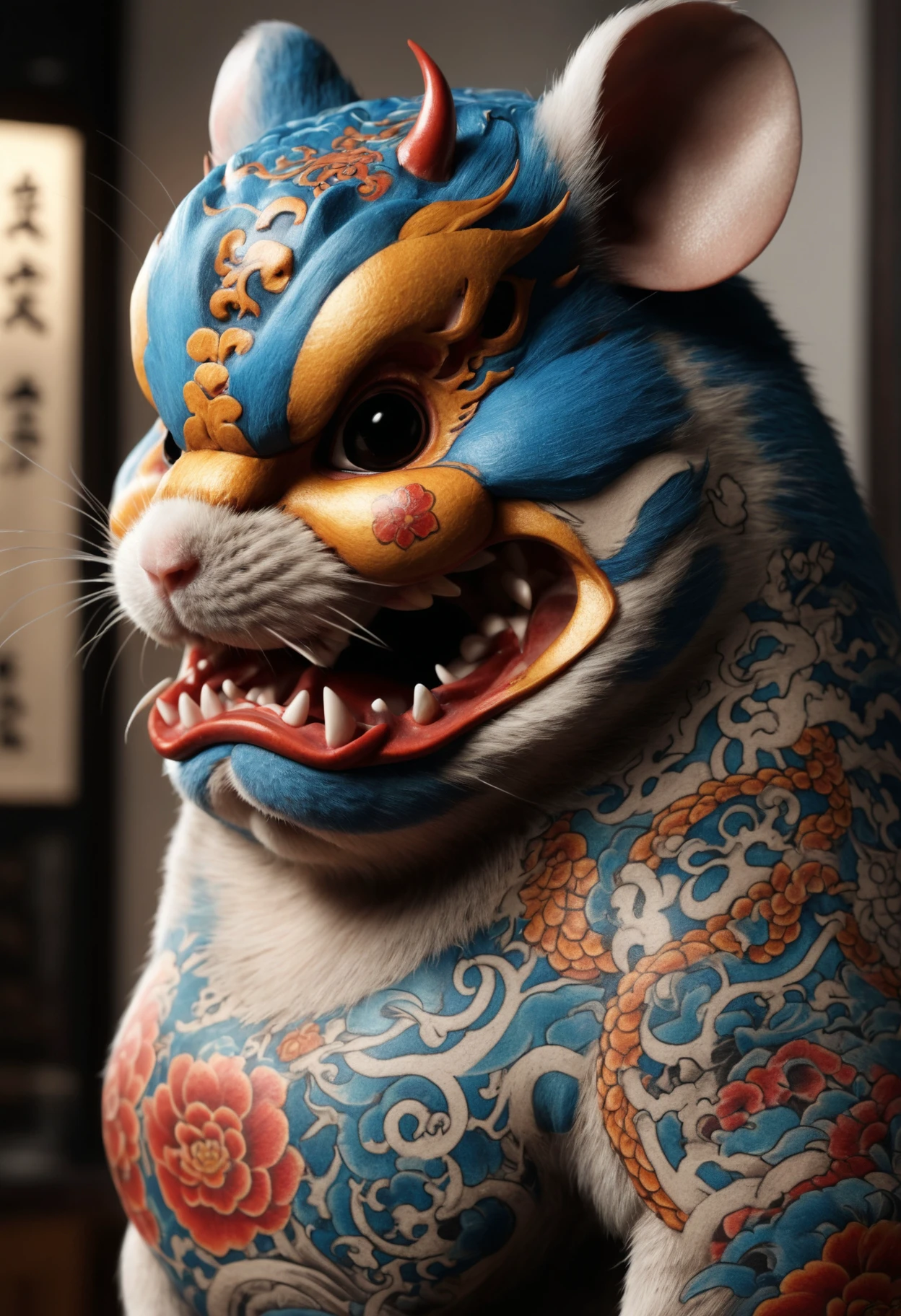 (masterpiece, best quality,detailed light), DonMH4ny4XL, hamster, tattoos with hannya and dragon (highres, 4k, 8k, intricate detail, cinematic lighting, amazing quality, amazing shading, soft lighting, Detailed Illustration, wallpaper) <lora:myLoraXL_test\DonMH4ny4XL-000008:0.8>,