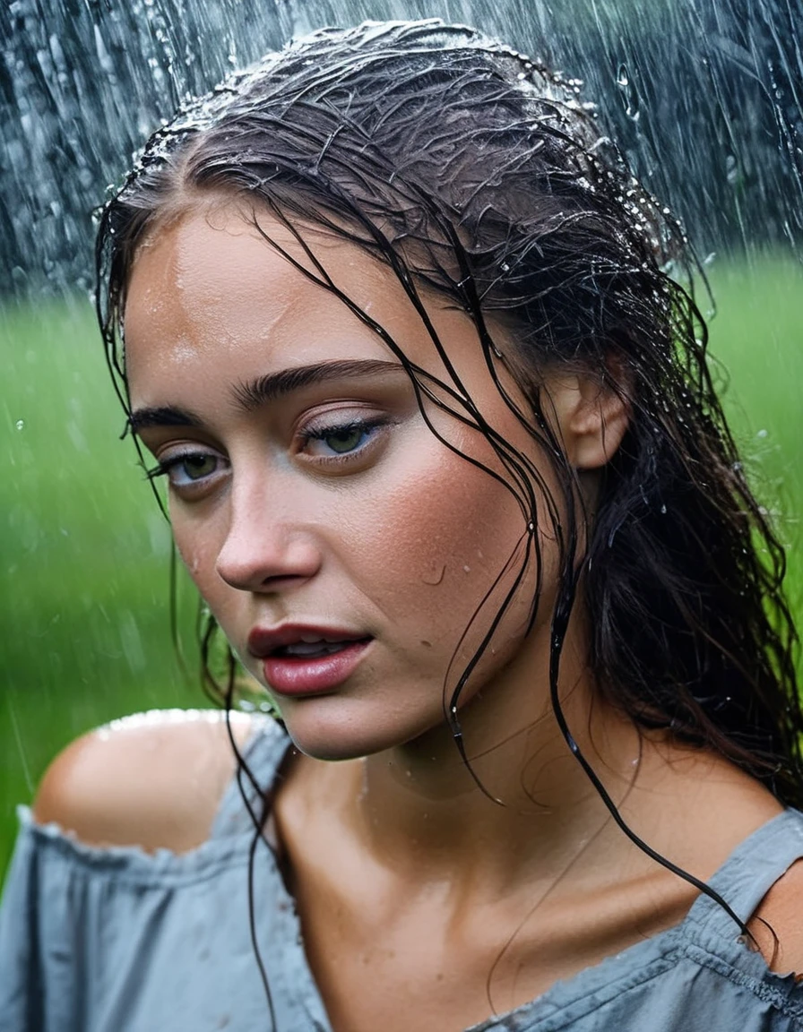 close-up professional portrait photography of (ellprnllfll woman) downpour, soaking wet, dripping wet, wet hair, runny makeup, scared, action pose, facing viewer, accurate lighting, <lora:Ella Purnell v2:1.0>