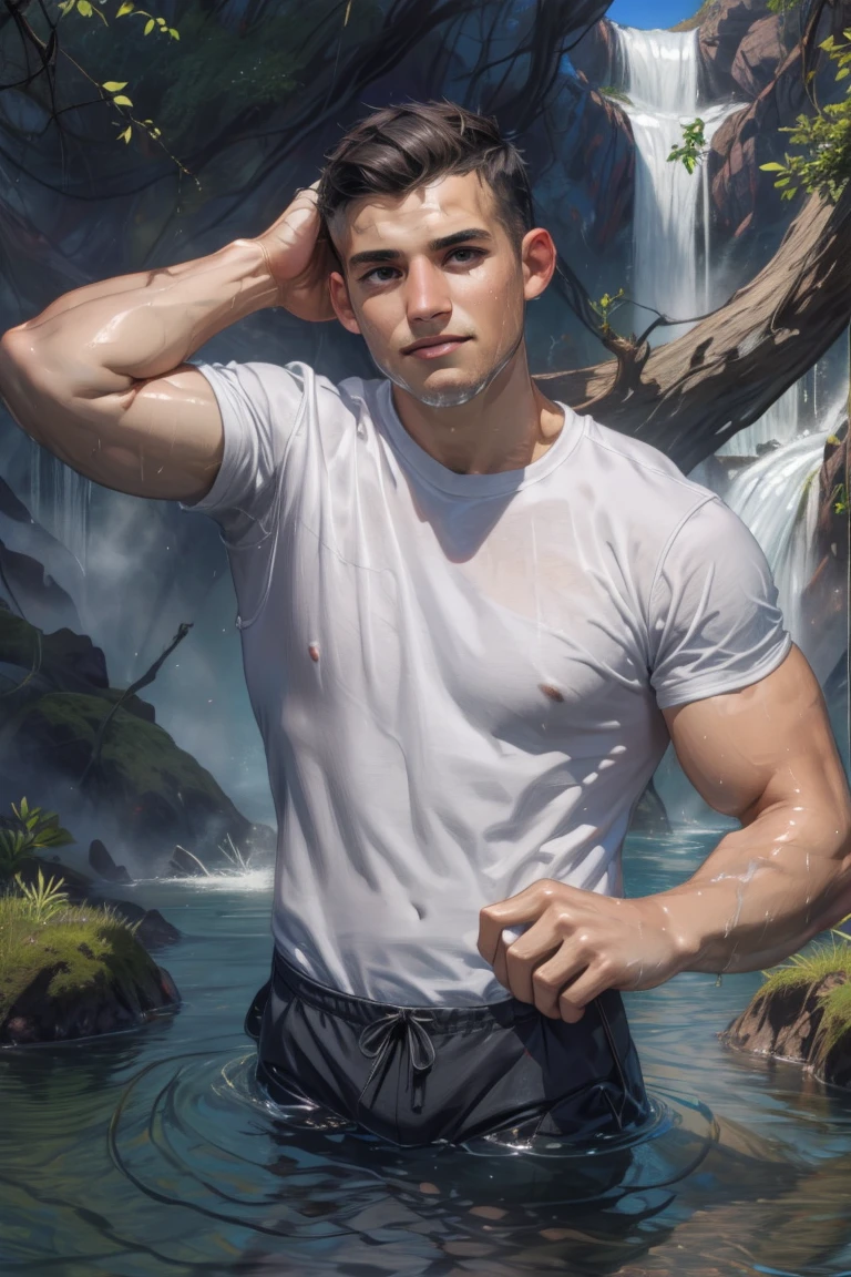 Handsome sexy Man bathing under water falling from a waterfall. Crystal clear water. Hyper-detailed. High quality. 8k