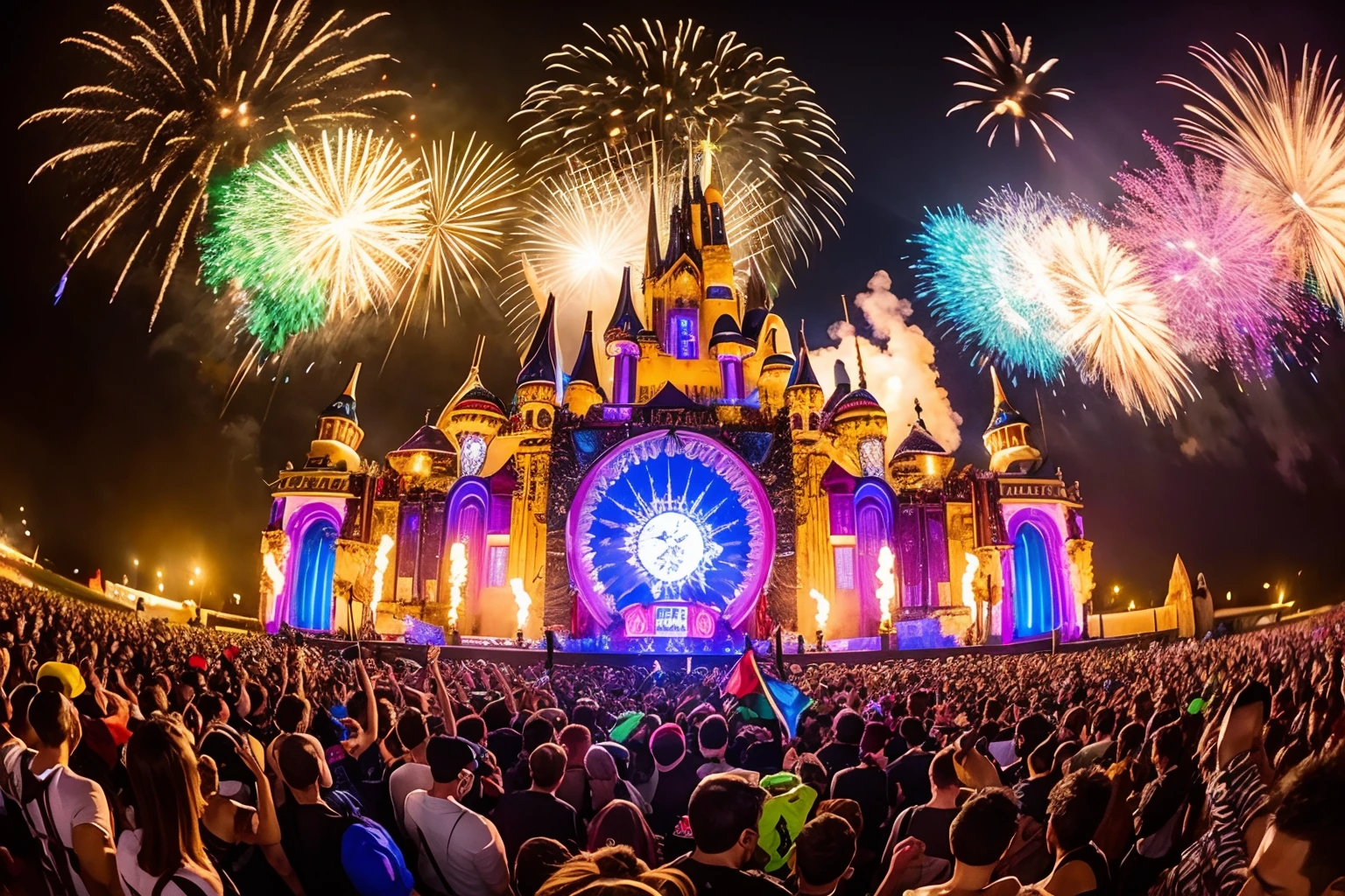 electronic music festival,<lora:electronic music festival:0.6>,best qualtiy,masterpiece,movie-level quality,castle,colorful,fireworks,flame,magnificent_architecture,scenery,horizon,Skyscraper,