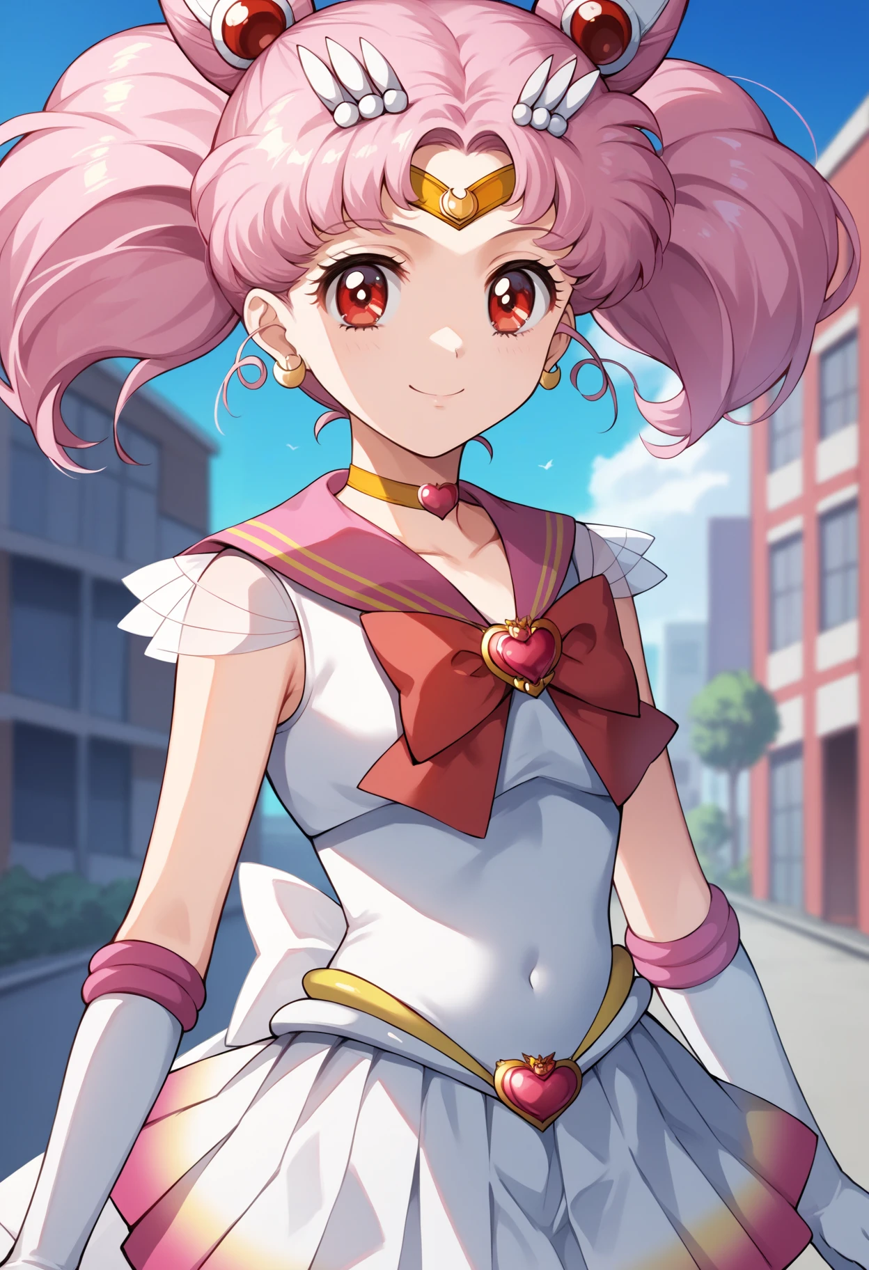 score_9, score_8_up, score_7_up, score_6_up, score_5_up, score_4_up, BREAK, source_anime,
1girl, chibiusa, pink hair, twintails, cone hair bun, double bun, red eyes, earrings, hair ornament, tiara,
heart brooch, choker, white elbow gloves, magical girl, multicolored clothes, multicolored pleated skirt, pink sailor collar, sailor senshi uniform,
outdoors, blue sky, smile, upper body, solo, looking at viewer, buildings, tokyo street background <lora:ChibiusaXL:1>