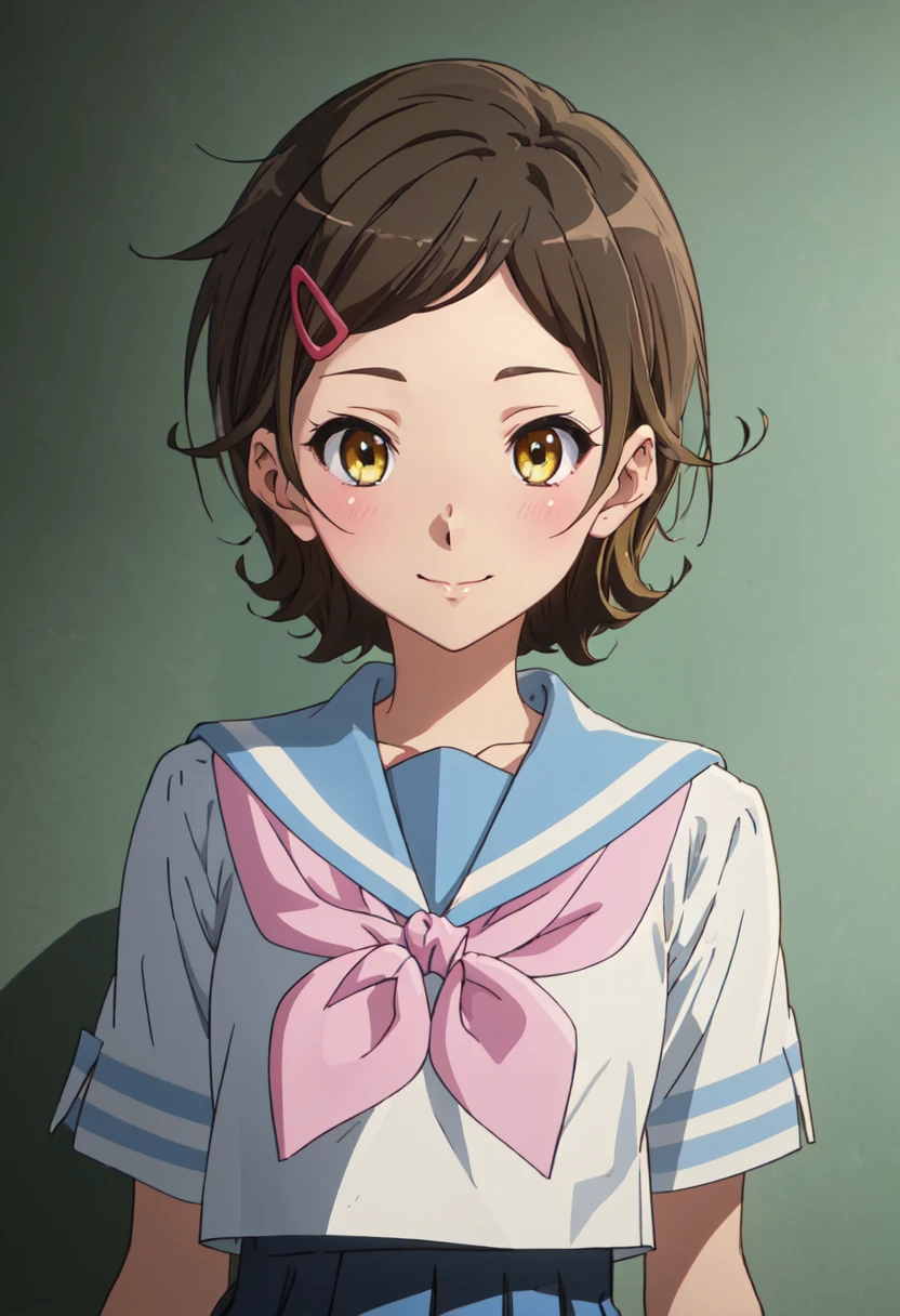 best quality, masterpiece, highres, solo, (katou_hazuki_soundeuphonium:1.10), 1girl, blue sailor collar, kitauji high school uniform, serafuku, blush, white shirt, pink neckerchief, closed mouth, looking at viewer, short sleeves, smile, anime_style, 5 <lora:katou_hazuki_soundeuphonium:0.80>