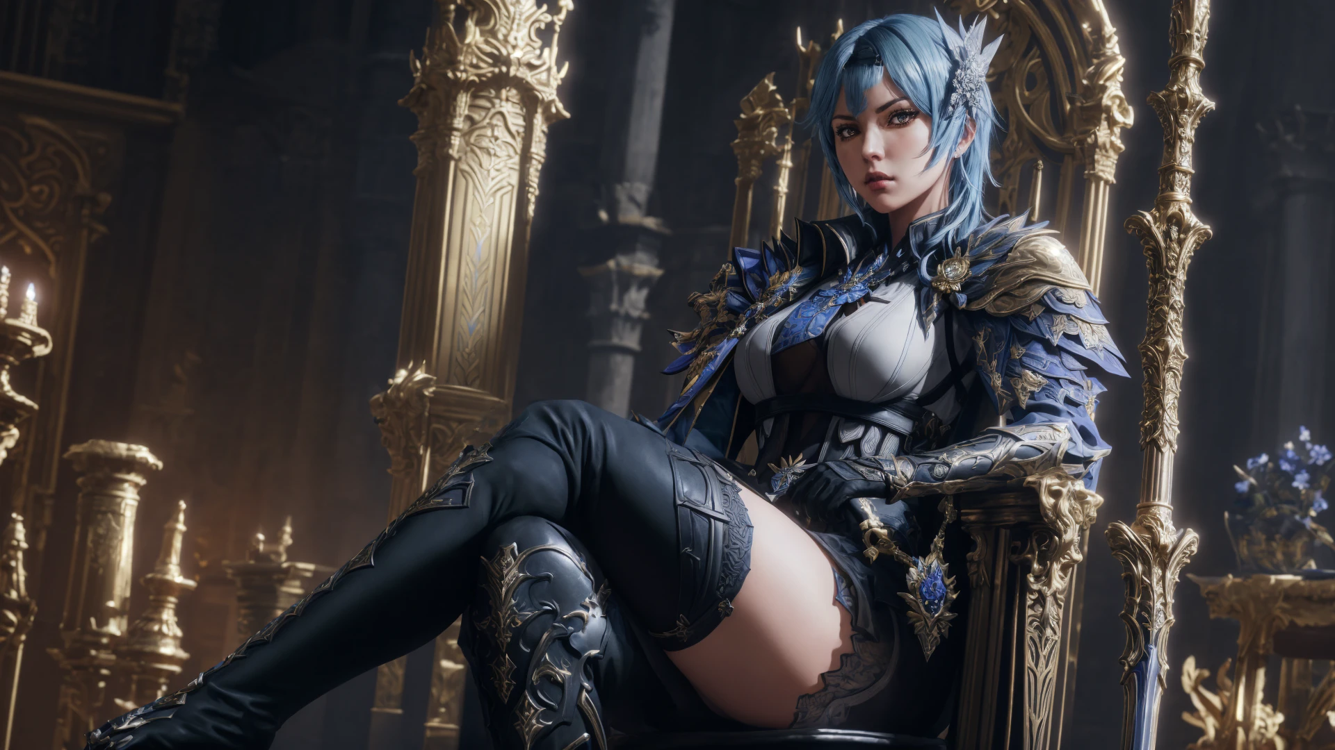 (bg3),
<lora:eula2-000009:0.8> euladef,blue hair, hair ornament, armored black leather thighhighs, black armored gloves, vision (genshin impact),
ornate shiny armor, metal white flower ornament,
weapon, skulls,planted sword,thigh,
golden vase, statue,decorated walls,
serious, agressive,deep intensive murderous glance,looking at viewer,
sitting on a golden ornate luxurious throne, crossed legs,
indoors, inside rich fantasy castle,
banners, paintings (object),ornate marble pillars,
BREAK
(dark atmosphere:1.2),
view from below,dramatic pov,
(depth of field), sharp focus,(8k), (4k),(Masterpiece), (Best Quality), intricate, detailed,
<lora:woafu_rpgstyle:0.8>
