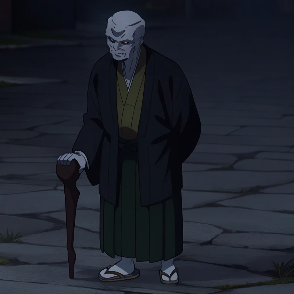 <lora:zouken_xl:0.9>, matou zouken, solo, 1boy, holding cane, kimono, haori, hakama skirt, tabi, sandals,standing,full body,night,street,masterpiece, best quality, very aesthetic, absurdres