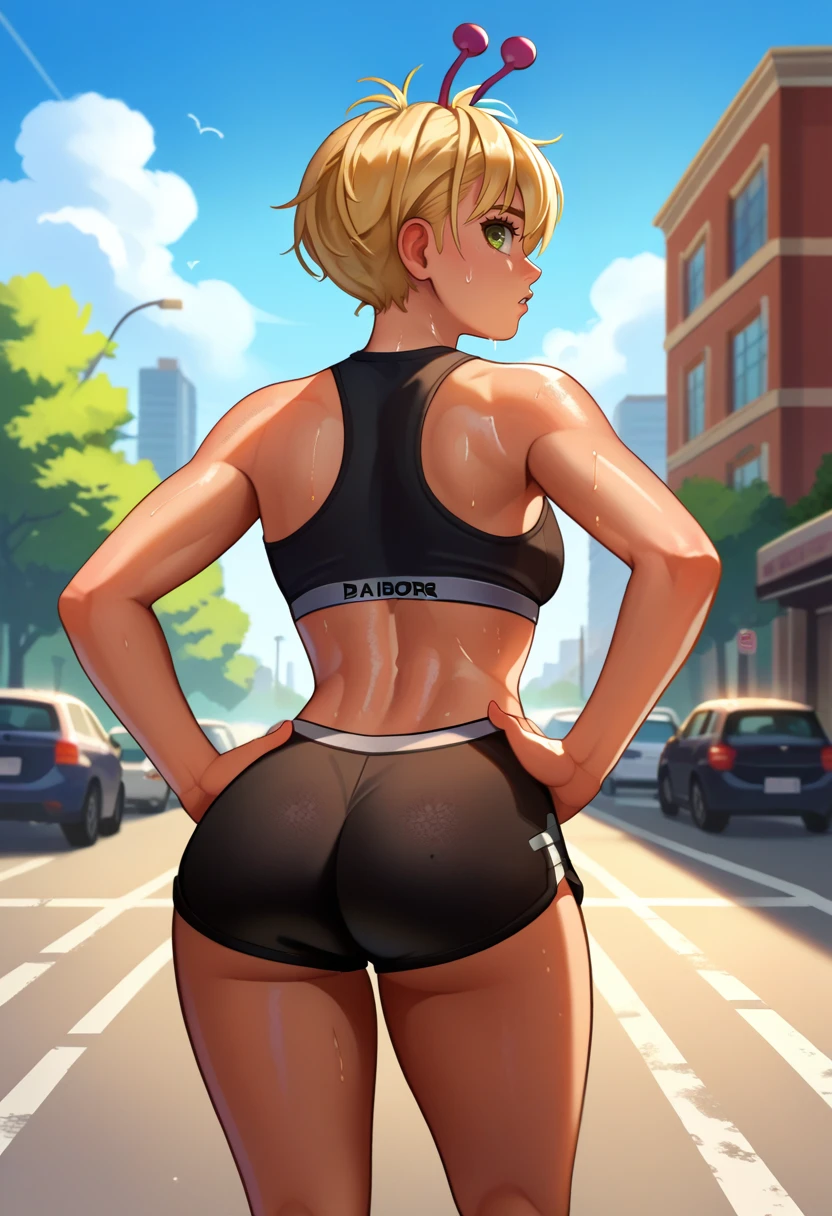 score_9, score_8_up, score_7_up, source_anime, from behind, solo, 1girl, bamora, sweat, parted lips, looking back, hands on own hips, blonde hair, antennae, green eyes, black sports bra, black shorts, ass, outdoors, city street <lora:dandadan_bamora_ponyXL:1>