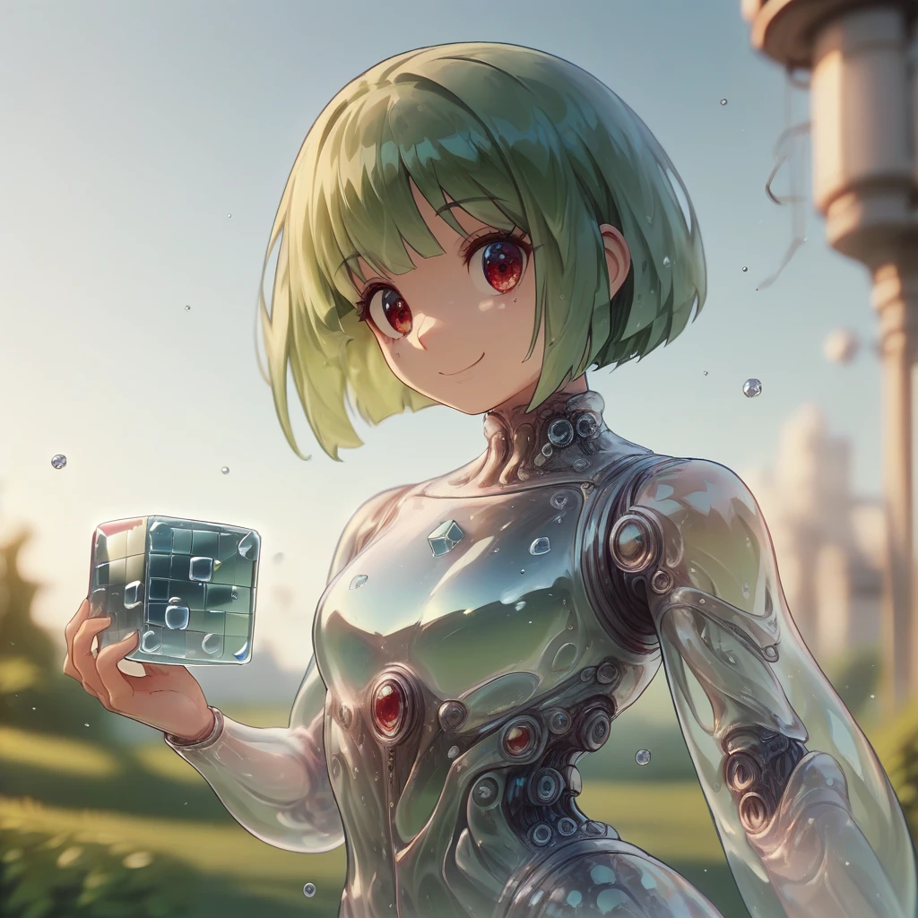 score_9, score_8_up, <lora:BubblyTech_PonyXL_B-000013:1>,bubblytech ,scifi, transparency, caustics , iridescent,
1girl, bob cut, green hair, red eyes, side_smile , cowboy shot, depth of field, holding_cube, masterpiece, sem-realistic,in an ally