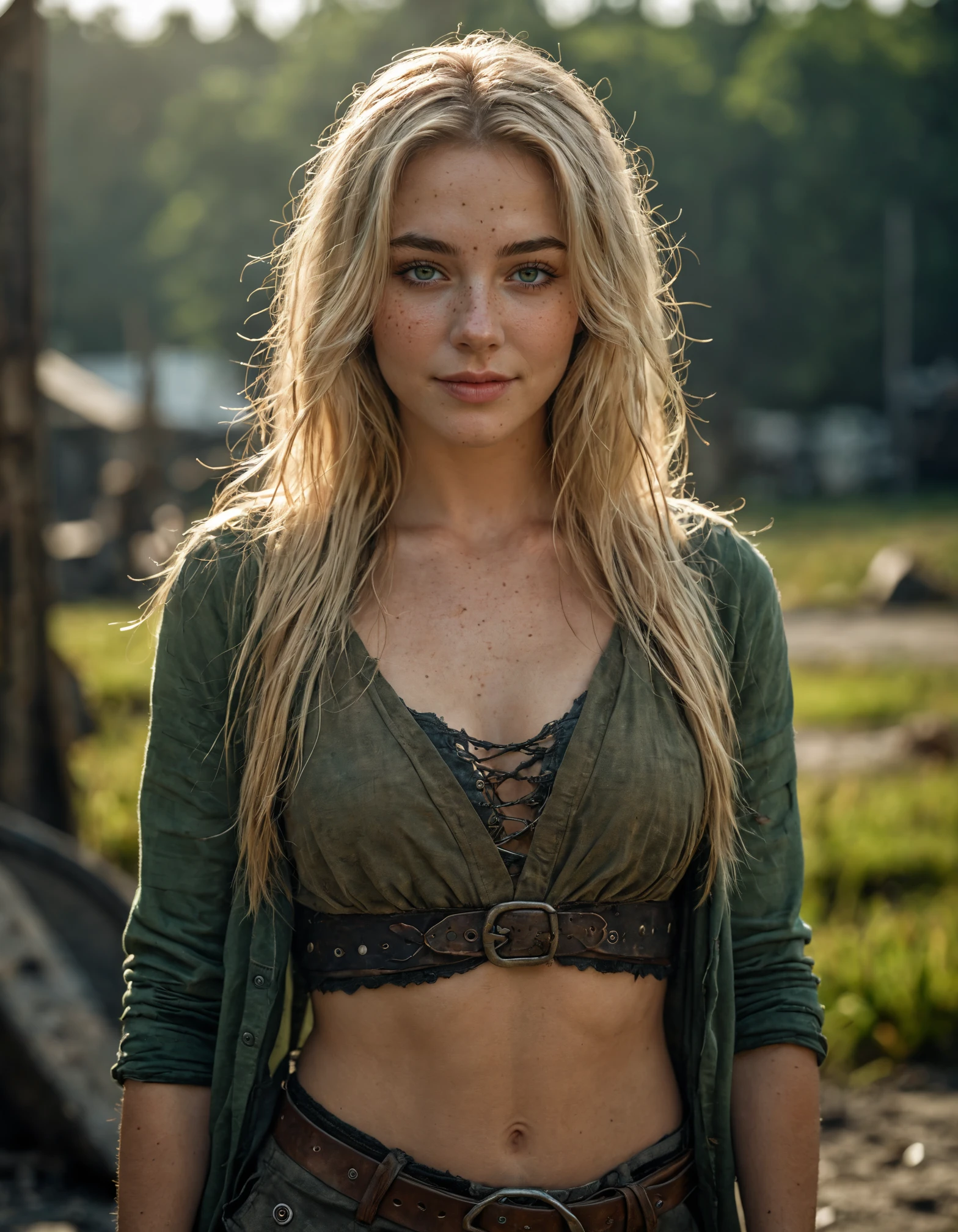 photo shot on Nikon D850, 16k, sharp focus, masterpiece, Hyper Detailed, breathtaking, atmospheric perspective, diffusion, pore correlation, skin imperfections, DSLR, 80mm Sigma f2, depth of field, film grain, intricate natural lighting, gorgeous sexy woman, adult (elven:0.7), freckles, green eyes, light blonde layered hair, full length photo, solo, perfect body, detailed background, detailed face, (post-apocalyptic dark dystopian theme:1.1), smile, backlighting, magical atmosphere