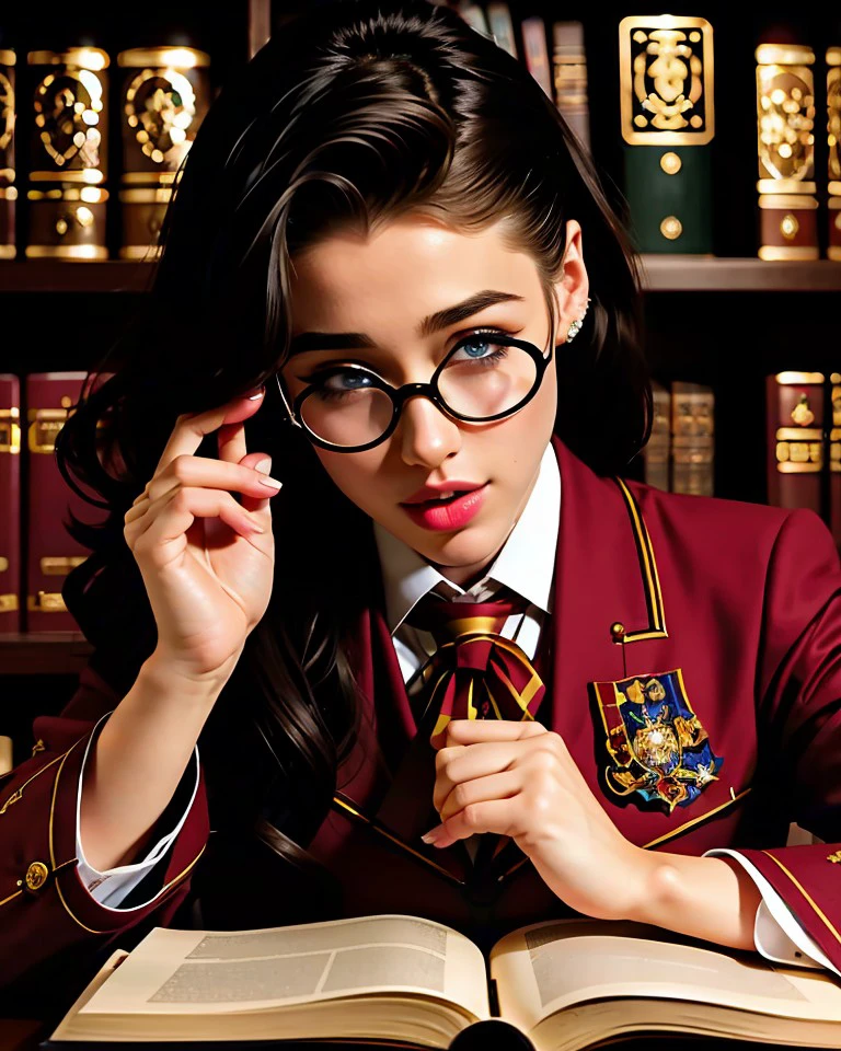 Chz-JadeT, 8k, close-up RAW photo of 1girl as a real-life student wizard, (wearing Hogwarts Academy uniforms:1.3), glasses, finishing a ritual summoning in an old library, (meticulously-detailed, Ultra-HD-realistic:1.3), (perfect eyes, masterpiece, best quality:1.5),