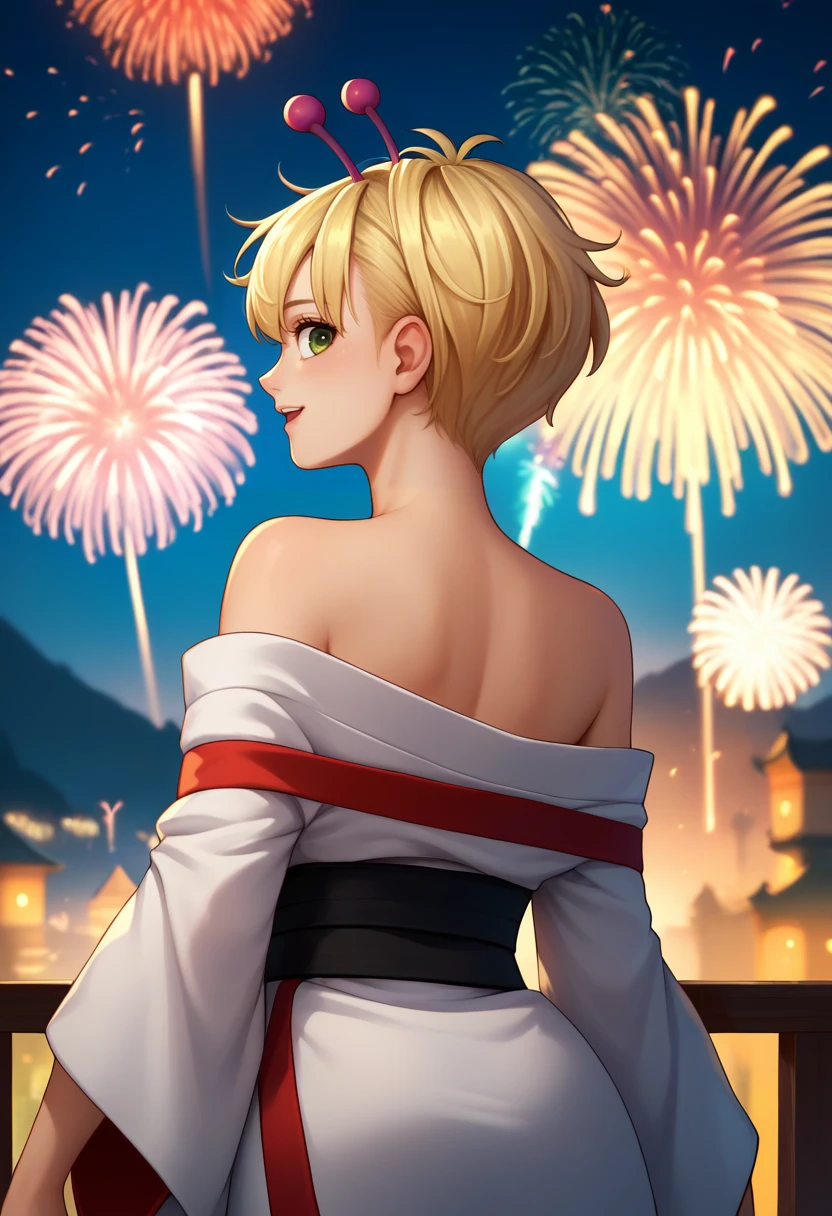 score_9, score_8_up, score_7_up, source_anime, from behind, solo, 1girl, bamora, happy, looking back, blonde hair, antennae, green eyes, white kimono, off shoulder, black sash, bare shoulders, fireworks <lora:dandadan_bamora_ponyXL:1>