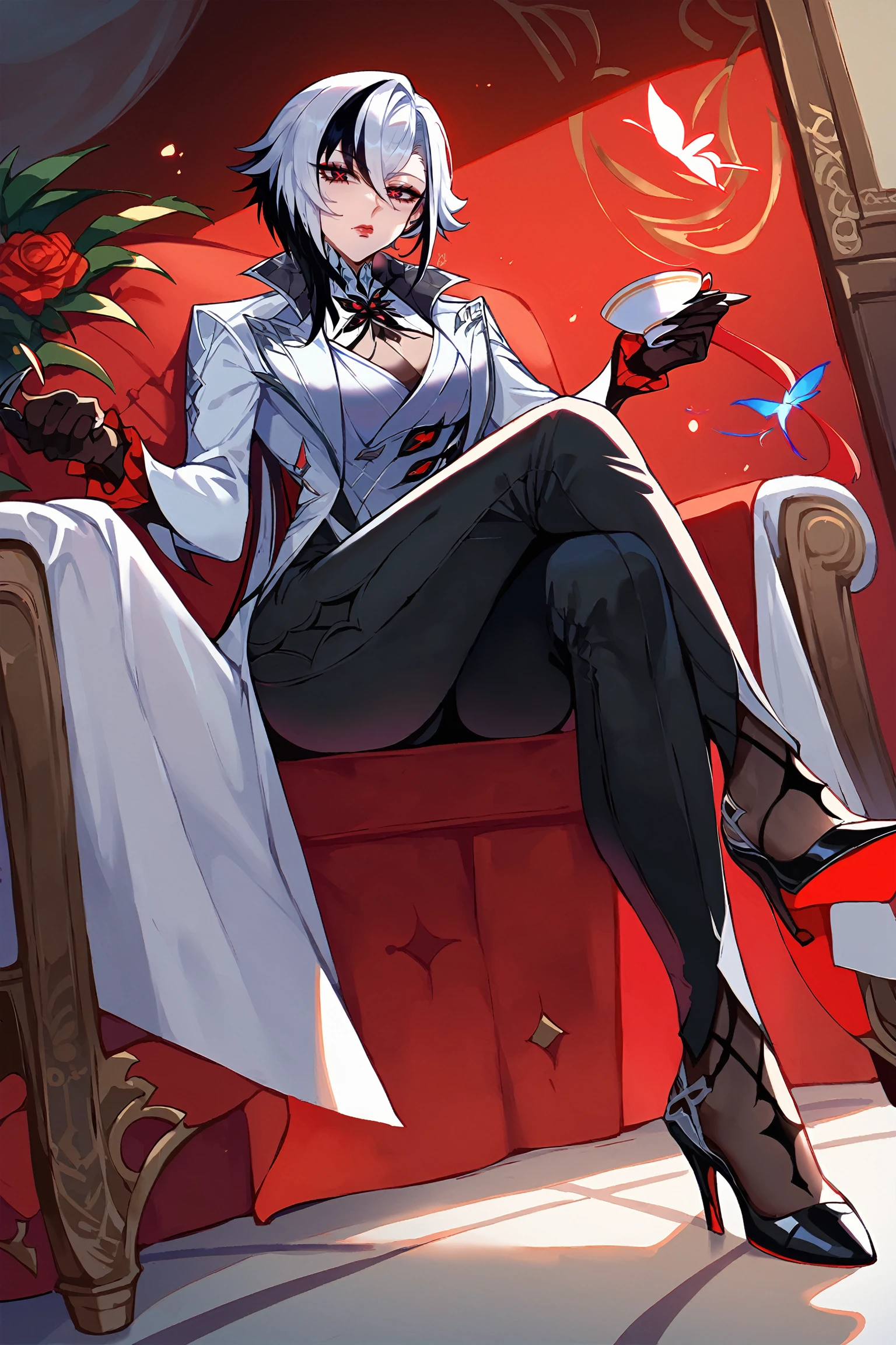 score_9, score_8_up, score_7_up, 1girl, Arlecchino_\(genshin_impact\), x-shaped pupils, white hair, black hair, black eyes, red pupils, arlesuit, medium breasts, the anime character wearing high heels sitting on a fancy couch in a red room, 1girl, solo, pants, sitting, breasts, multicolored hair, crossed legs, black hair, gloves, butterfly, black pants, cup, looking at viewer, large breasts, indoors, teacup, coat, white hair, high heels, symbol-shaped pupils, streaked hair, bangs, x-shaped pupils, white coat, full body<lora:EMS-346352-EMS:1.000000>, <lora:EMS-290661-EMS:0.800000>