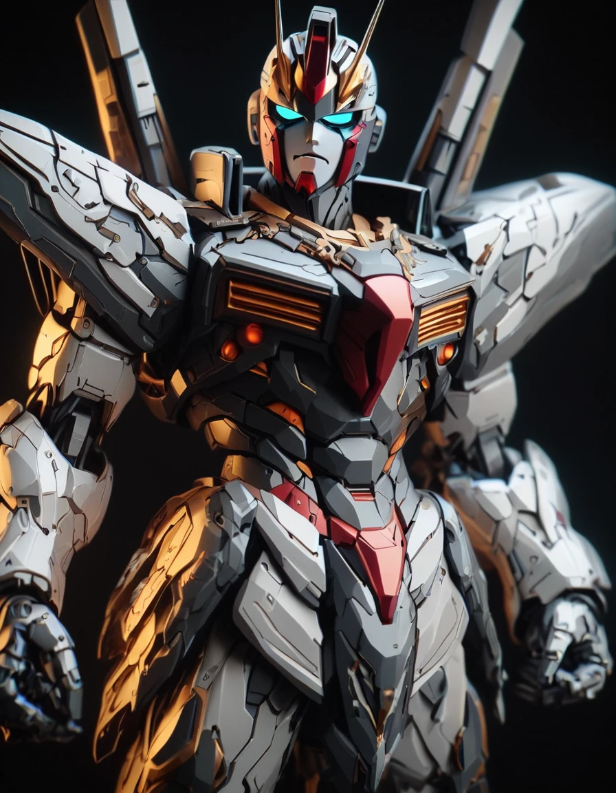 gunpla, score_9, score_8_up, score_7_up, score_6_up, score_5_up, 3d render, ((masterpiece)), digital anime, Gundam, painted like (Megumi Reinard:0.8), glossy metal, shining metal, mechanical face,  ruined city background