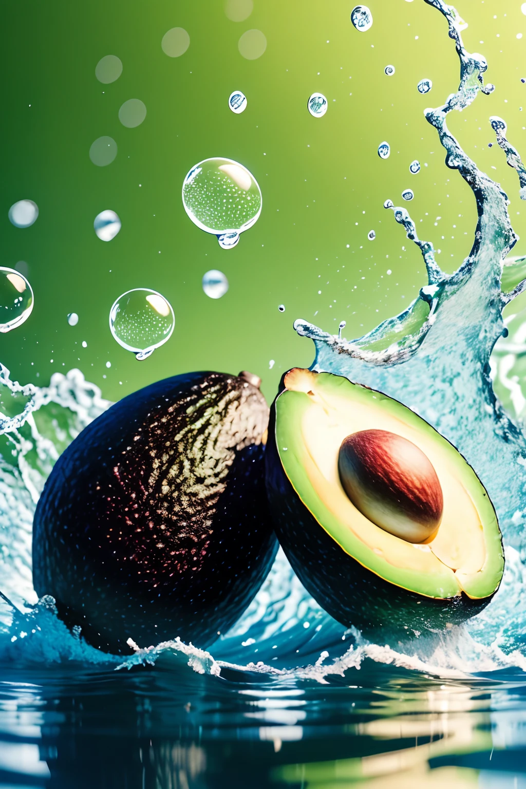 no humans,Photographic,fruit, avocado,water splashing, splashing, multiple others, realistic, Bubbles,blur, fruit poster,<lora:ç»å¨çé²è¶
å¸fruit poster_v1.5:0.9>,green background,