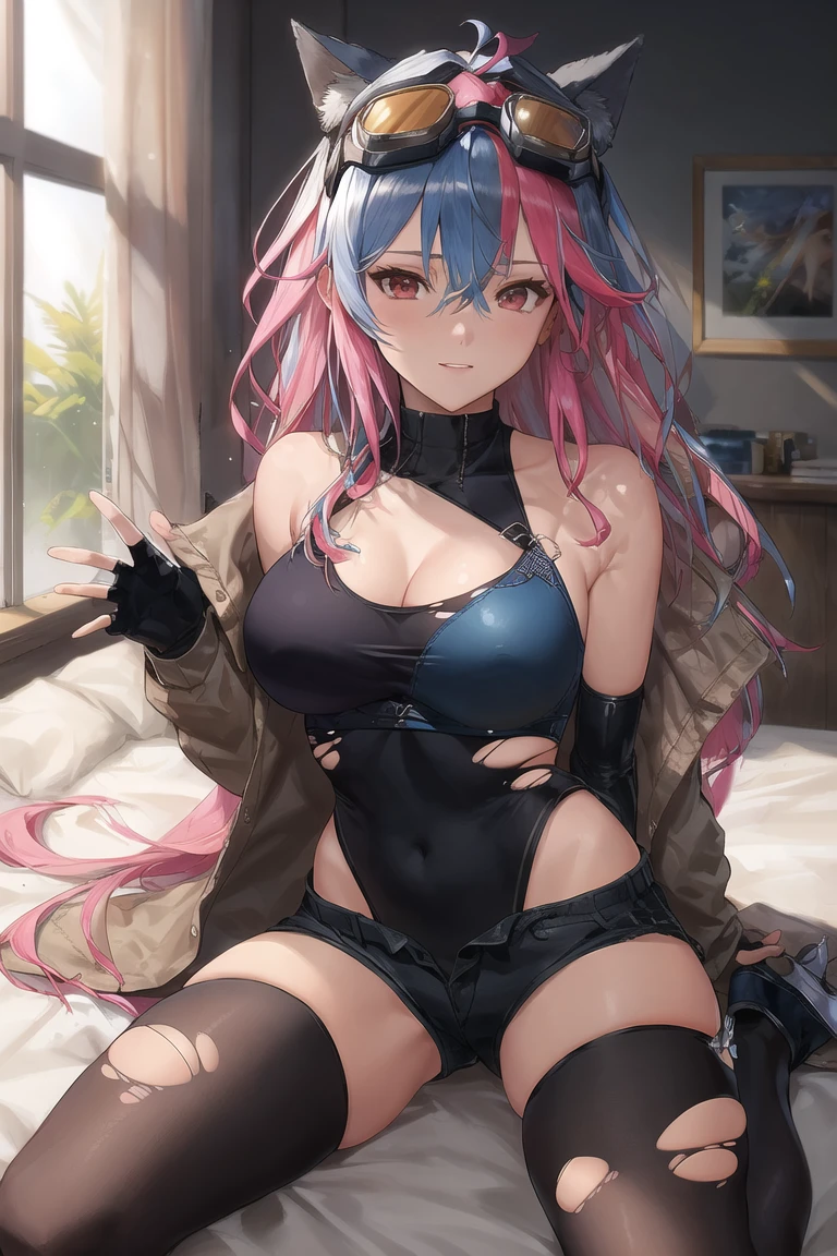 masterpiece,best quality,lvren1,background,bed sheet,windows,sun light through windows,bed sheet,<lora:lvren1-000012:0.7>,multicolored hair,long hair,blue hair,pink hair,hair ornament,gloves,thighhighs,streaked hair,shorts,jacket,bangs,hair between eyes,skindentation,torn clothes,covered navel,goggles,goggles on head,open clothes,bare shoulders,leotard,sitting,