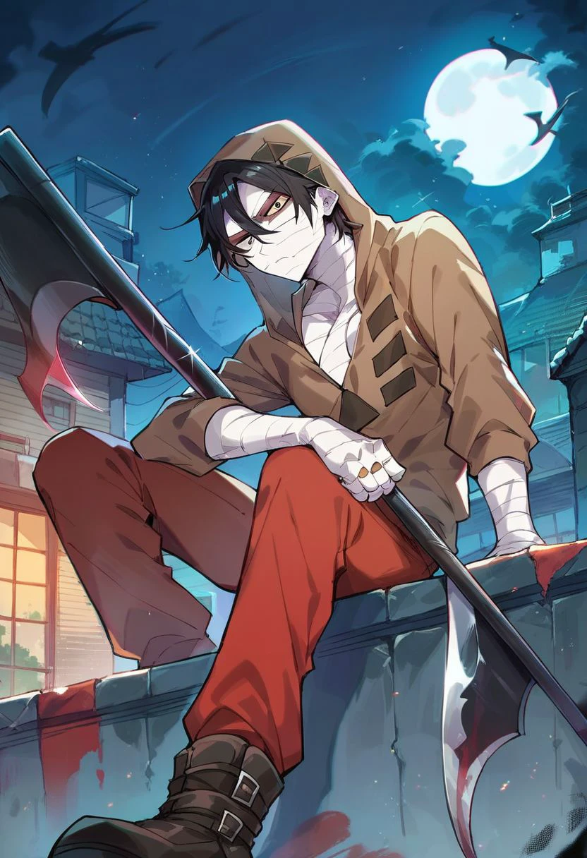 (score_9, score_8_up:1.1), score_7_up, isaac foster, 1boy, black hair, hood up, black eyes, yellow eyes, heterochromia, bandages, bandaged head, bangaded body, brown hoodie, red pants, holding scythe, looking at viewer, serious, blooded clothes, night, roof, full moon,