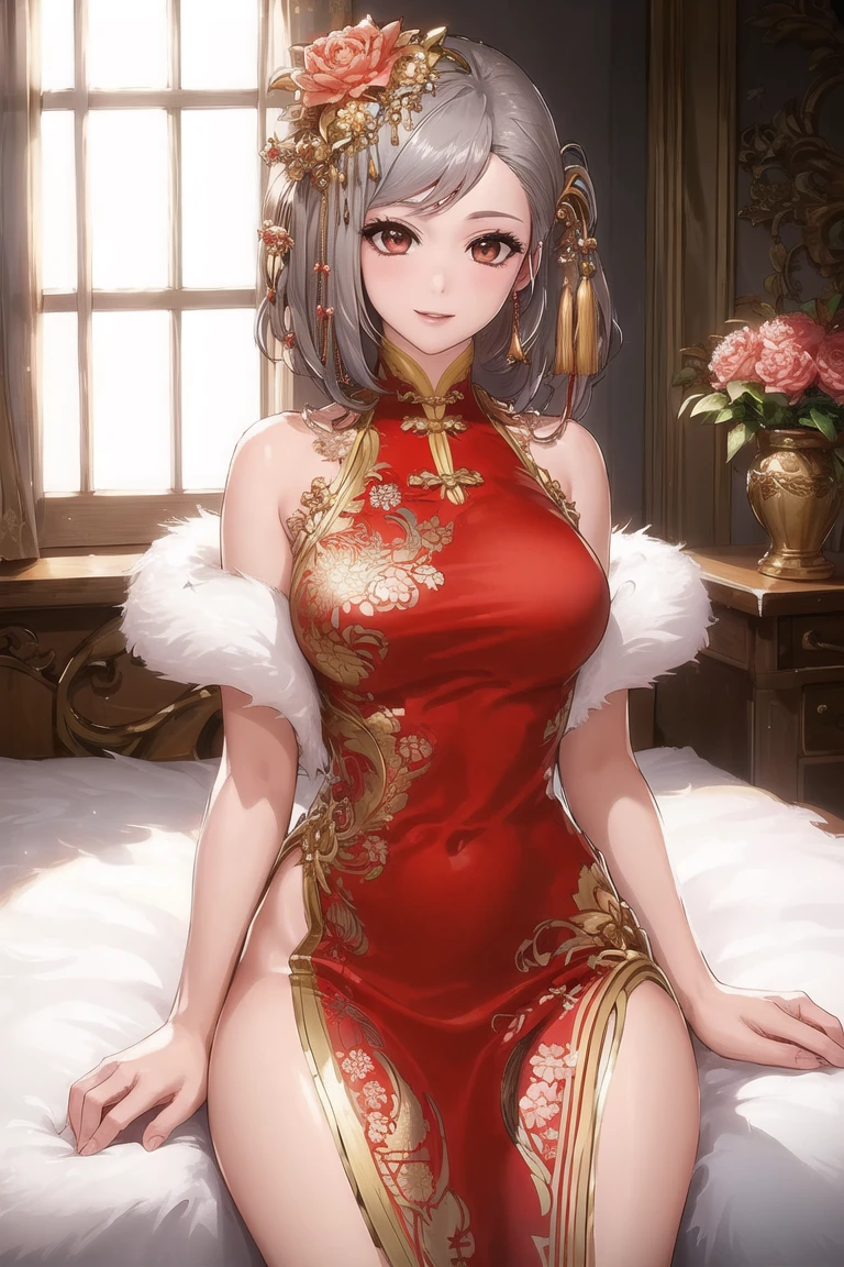 masterpiece,best quality,qipao_seria,background,bed sheet,windows,sun light through windows,sitting,cowboy shot,<lora:qipao_seria-000018:0.6>,grey hair,red dress,chinese clothes,hair  ornament,flower,tassel,fur trim,