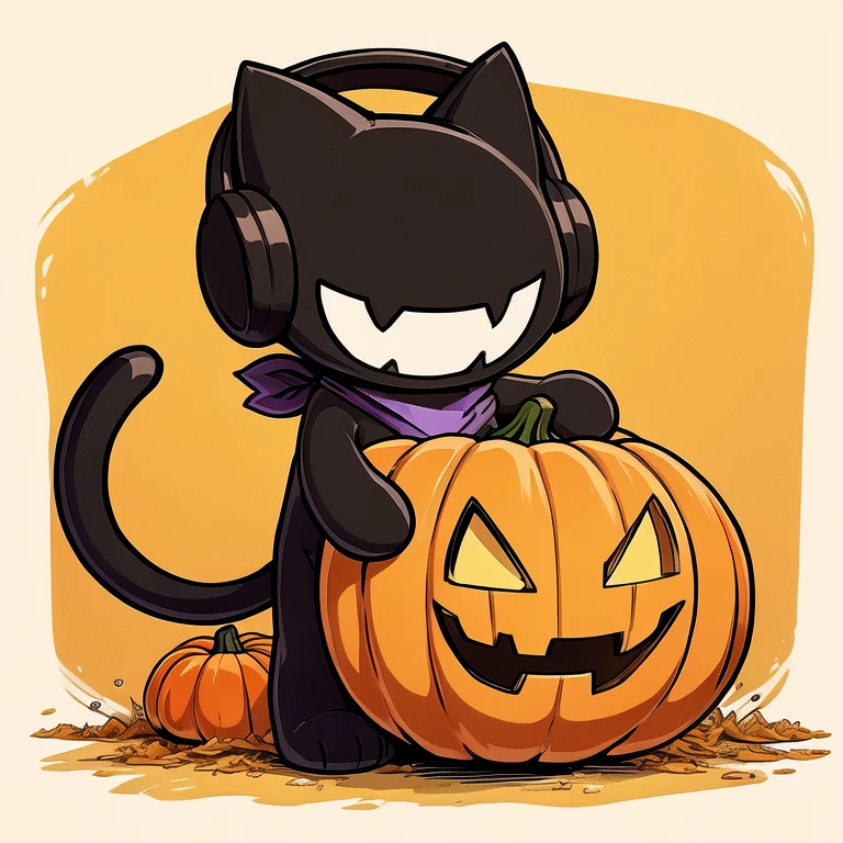 (best quality, high quality:1),  <lora:fluffyrock-quality-tags-v4:1>, monstercat, black cat, male, short, black headphones, black fangs, purple bandana, black tail, smile, anthro, standing, 
hiding behind a big pumpkin, wave a hand, pumpkins background ,  <lora:Monstercat_LoRA_v1.1:0.75>