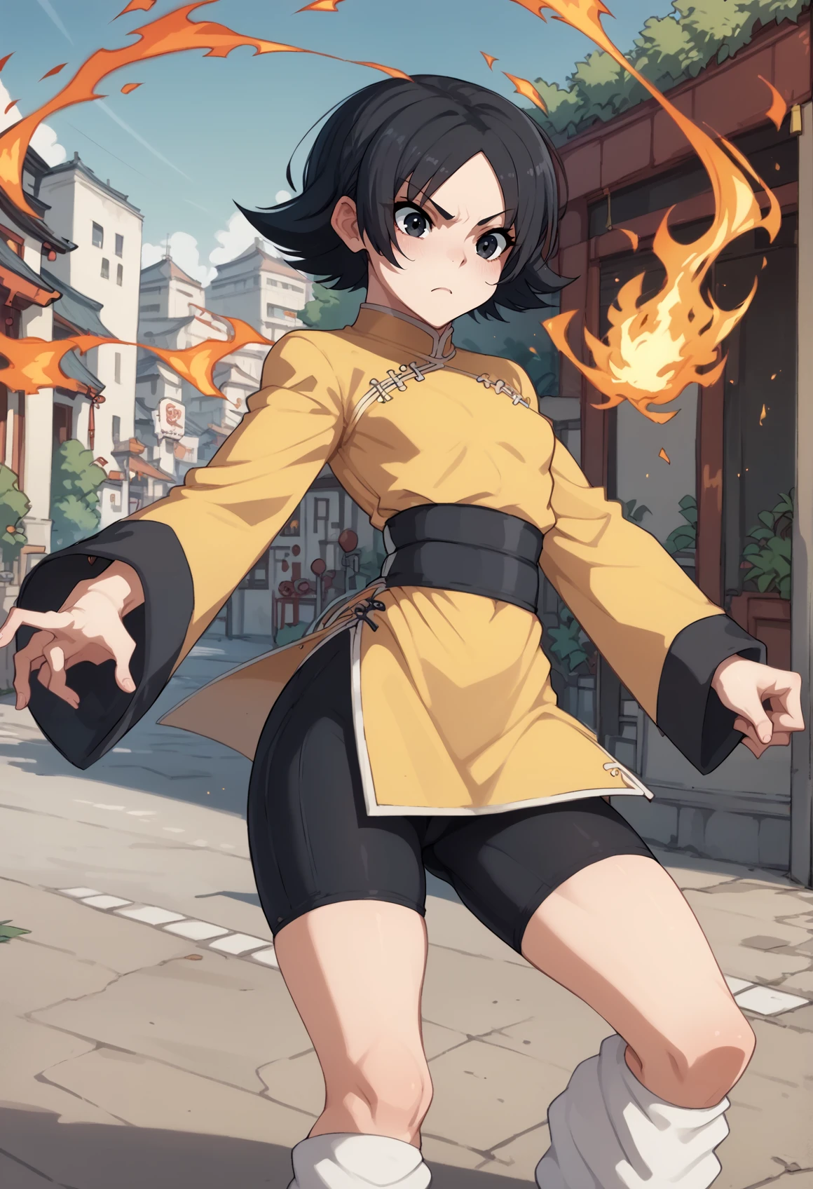 1girl, short hair, black hair, black eyes, chinese clothes, long sleeves, wide sleeves, bike shorts, leg warmers, sneakers, chinese city, cowboy shot, fighting stance, fire <lora:Lynn_Baker_RotD_XL:0.8> <lora:KakureEriaPDXL-(jack cat) :1>, score_9, score_8_up, score_7_up, score_6_up, score_5_up, score_4_up, BREAK source_anime, masterpiece