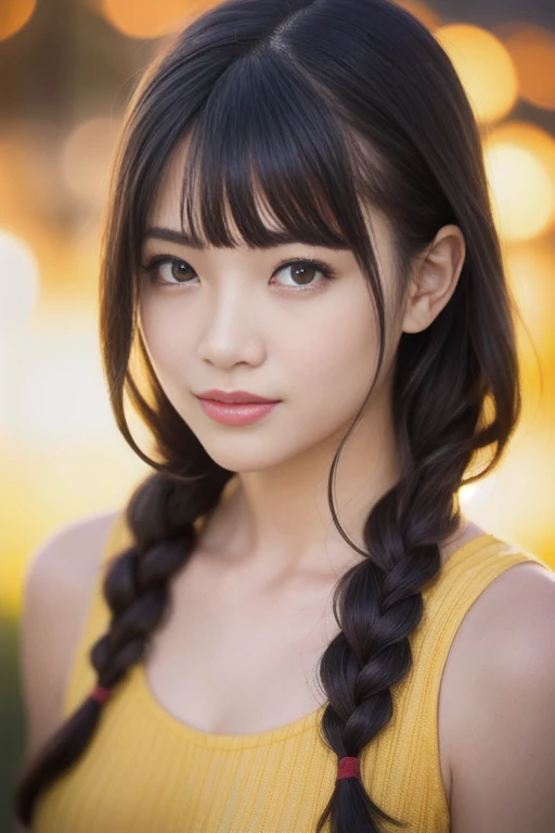 1girl,(RAW photo, best quality), (realistic, photo-realistic:1.4), masterpiece, an extremely delicate and beautiful, extremely detailed, 2k wallpaper, Amazing, finely detail, extremely detailed CG unity 8k wallpaper, ultra-detailed, highres, soft light, beautiful detailed girl, extremely detailed eyes and face, beautiful detailed nose, beautiful detailed eyes,cinematic lighting,perfect anatomy,
wearing a yellow dress,(bokeh:1.1),
at a night city,looking at viewer,twin braids,young japanaese idol,
smile, <lora:iidahikaru_lora-chilled_05:0.8>