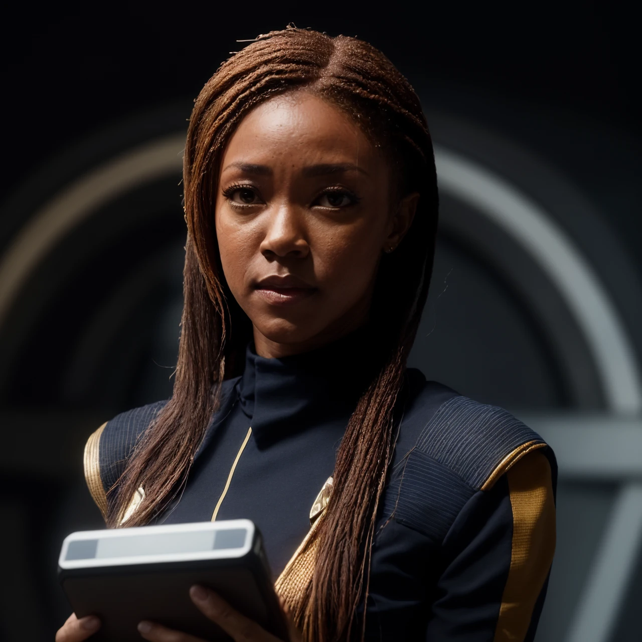 Masterpiece Professional portrait of a beautiful woman,
happy, (sonqua-2000),
standing in red star trek suit,looking in camera, 
holding a transparent glowing tablet,
toned physique, black hair with braids,  <lora:Disco:0.5> disco,
backlit, film still, fim grain, cinematic lights, color grade
volumetric lights on background