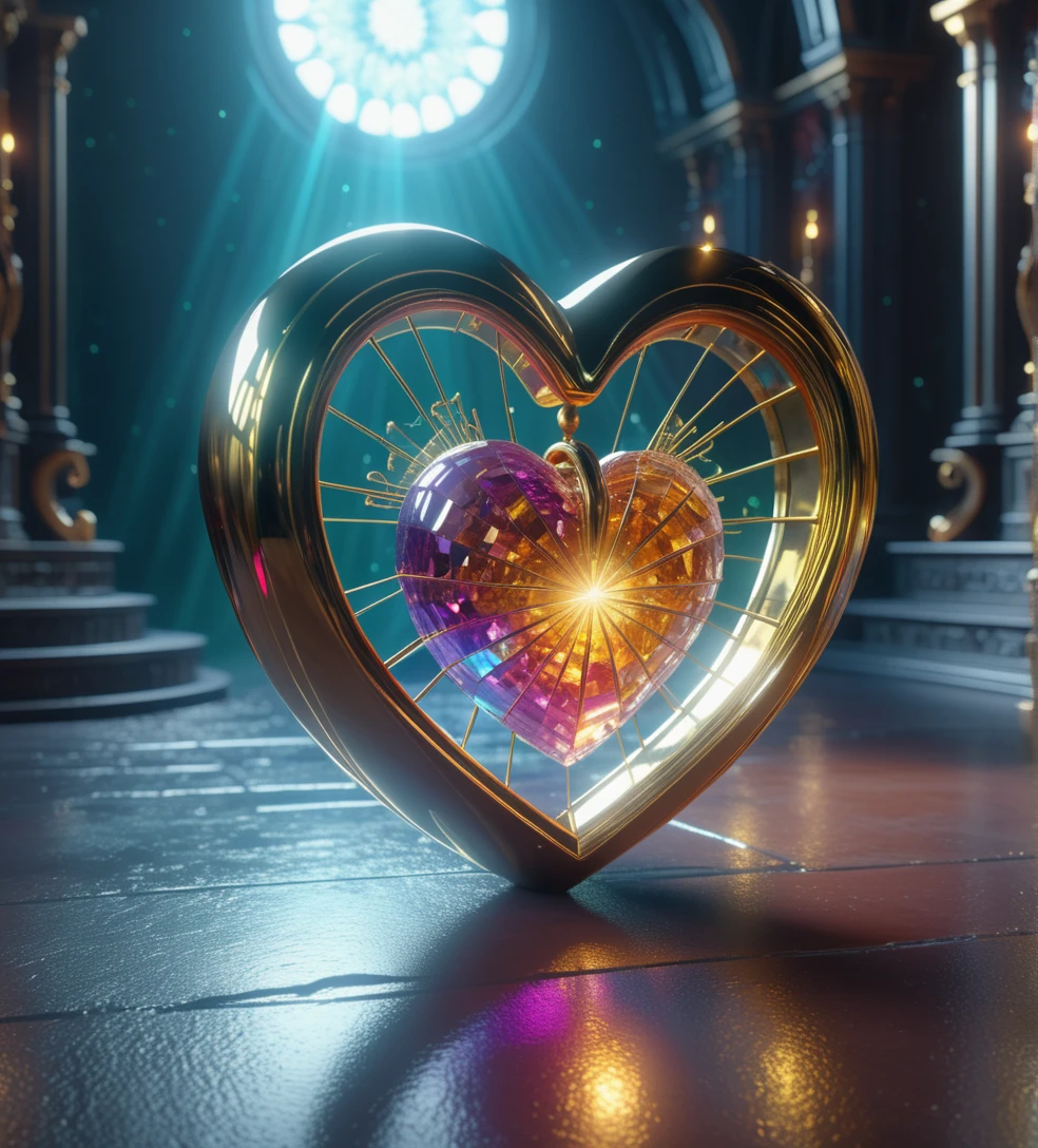 Golden Heart, fantasy art, cinema 4d, matte painting, polished, beautiful, colorful, intricate, eldritch, ethereal, vibrant, surrealism, surrealism, vray, nvdia ray tracing, cryengine, magical, 4k, 8k, masterpiece, crystal, romanticism