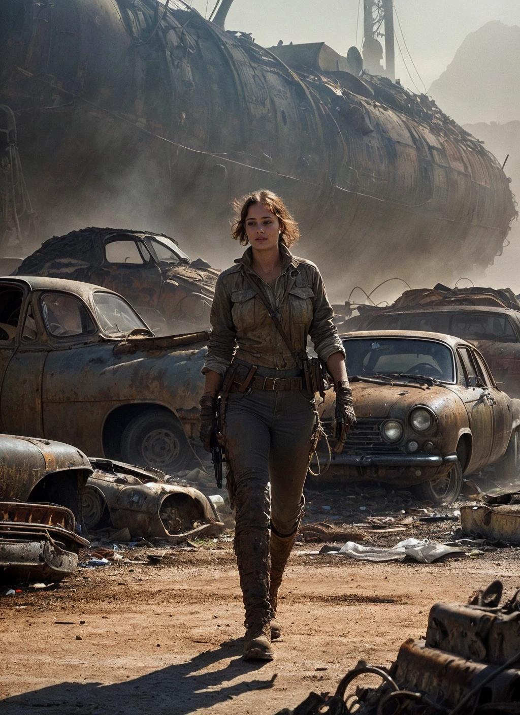 photo of sks woman, natural lighting, <lora:add_detail:0.35>, close up portrait RAW photo of sks woman, inspired by fallout, rugged clothing, Mad Max and Waterworld,  detailed face, post apocalyptic atmosphere in 1930', an sks woman in rugged power armor holding a rifle with both hands, ((junkyard)), (debris), ((trash)), ((junk)), (((cars))) fill up the streets, rust, corrosion, sense of scale, sublime beauty of the grandiose environment, epic, cinematic composition, volumetric lighting, defined lines, blurred background, saturated colors, strong bloom, ((photorealistic)) , Intricate, High Detail, Sharp focus, dramatic, by greg rutkowski, realism, beautiful and detailed lighting, shadows, <lora:locon_ellapurnell_v1_from_v1_64_32:1>