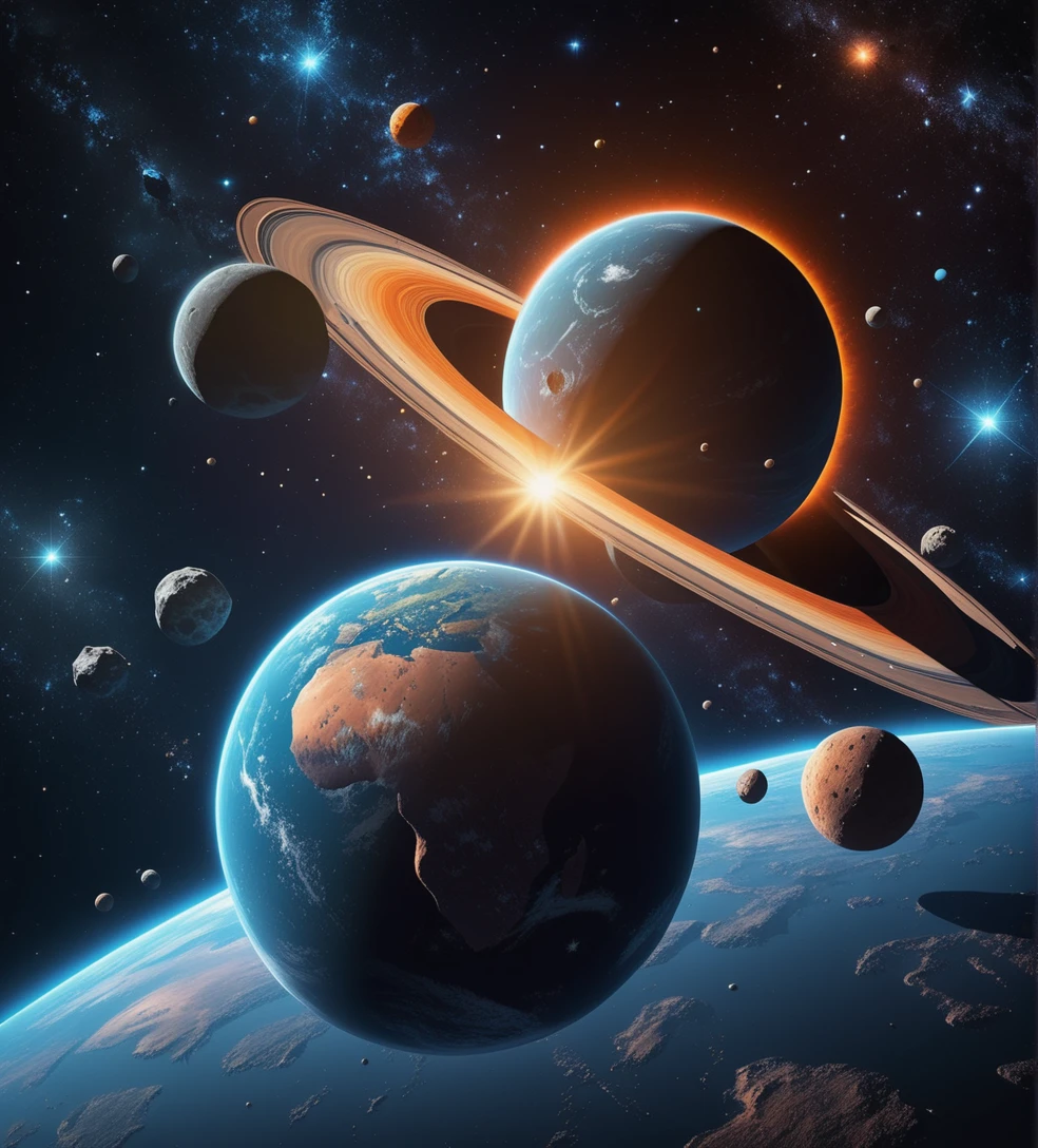 Cubist artwork Masterpiece, best quality, (very detailed CG unity 8k wallpaper), (best quality), (best illustration), (best shadow), cosmic theme with planetary elements. Large stars, asteroids, glowing rings, (glow), (particle effect). , Isometric 3D, Octane Rendering, Ray Tracing, Super Detailed Use as studio background image, symmetrical left and right --auto --s2 . Geometric shapes, abstract, innovative, revolutionary