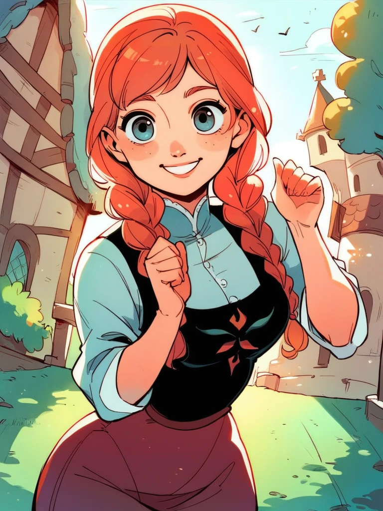 score_9, score_8_up, score_7_up, score_6_up, 1girl leaning forward, cute pose, pijama, twin braids ,medium breasts, narrow waist, wide hips, thick thighs, looking at viewer, dynamic pose, smile, cute, solo, cowboy shot, cute, cartoon, from side, from above, village, castle,
<lora:AnnaXLP_character:0.8>AnnaXLP