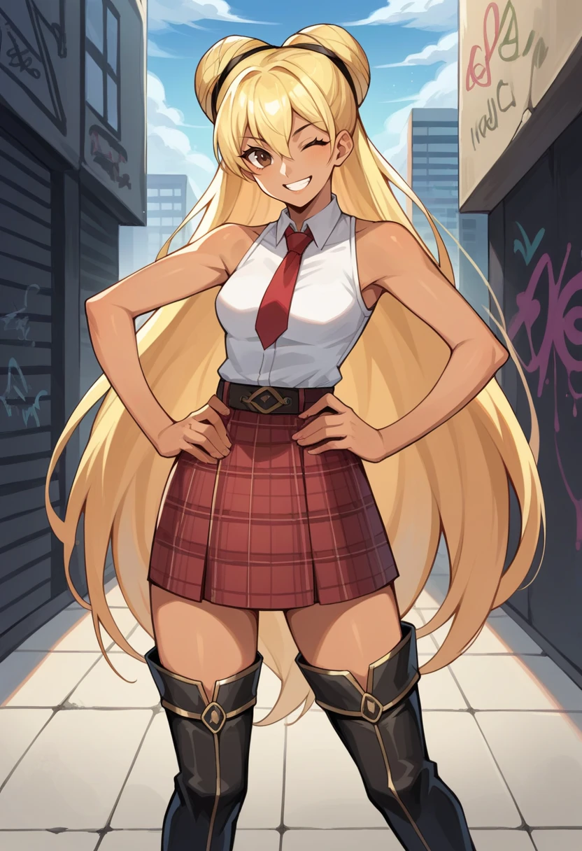 score_9, score_8_up, score_7_up, source_anime BREAK 1girl, solo,   <lora:zs_OkyannXL:1> okyannp5x, dark skin, blonde hair, double bun, very long hair, brown eyes, sleeveless shirt, red tie, plaid skirt, thigh boots, smile, city, hands on hips, graffiti, wink