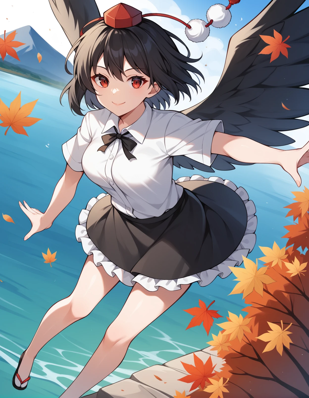 score_9, score_8_up, score_7_up, score_6_up, score_5_up, score_4_up, source_anime, rating_safe, BREAK <lora:ayaXL_LoRA-C3Lier_AdamW_Dim16_Alpha16_UN-3e-4_TE-1.5e-4_10batch_ponyDiffusionV6XL_v6StartWithThisOne:1>, ayanor, shameimaru aya, 1girl, tokin hat, pom pom \(clothes\), black hair, short hair, red eyes, medium breasts, collared shirt, white shirt, short sleeves, black bow, black skirt, frilled skirt, feathered wings, black wings, outstretched arms, floating hair, fighting, eye focus, light smile, closed mouth, leaning forward, aura, wind, from above, dutch angle, leaf, crow, autumn leaves, river, mountainous horizon