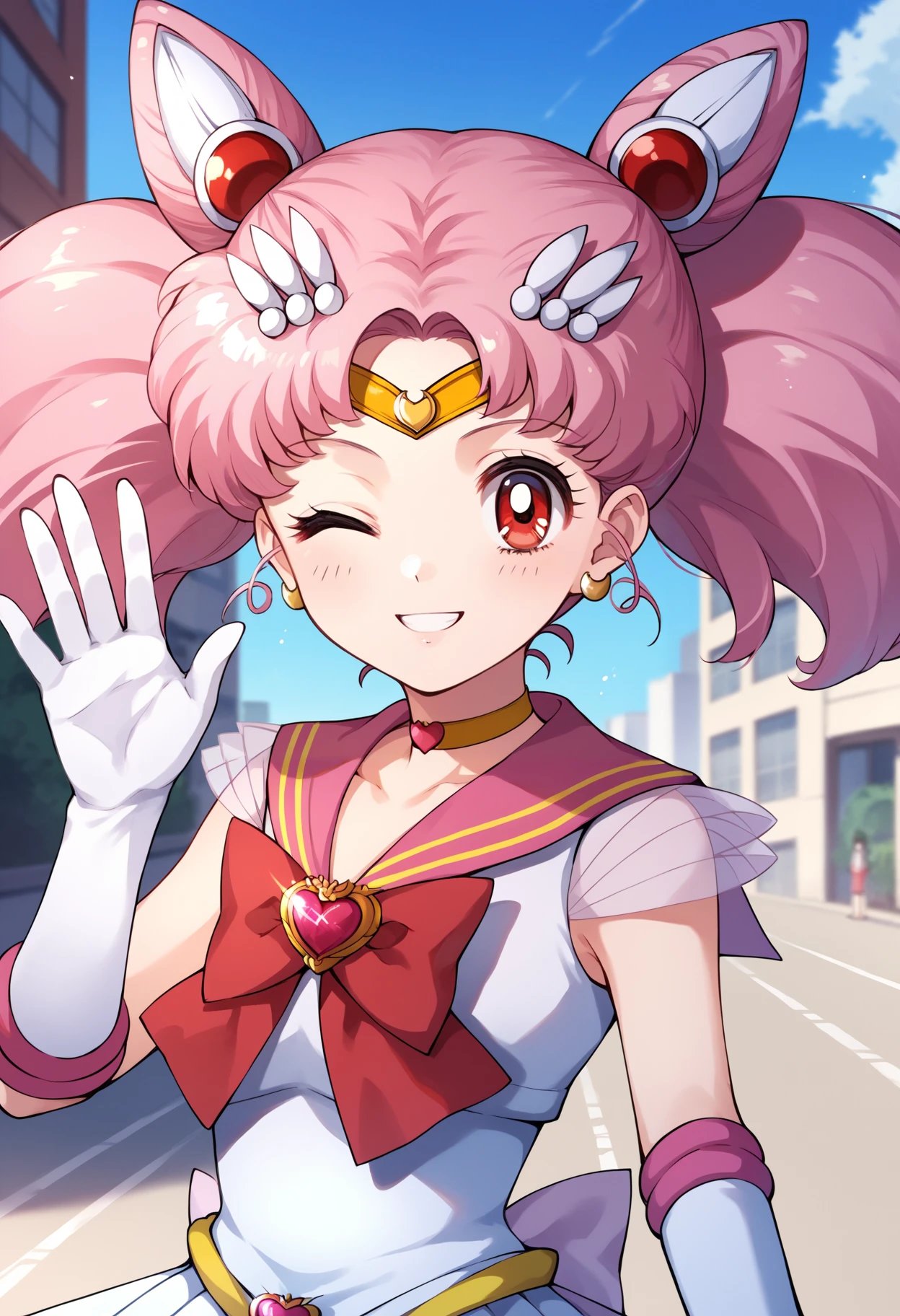 score_9, score_8_up, score_7_up, score_6_up, score_5_up, score_4_up, BREAK, source_anime,
1girl, chibiusa, pink hair, twintails, cone hair bun, double bun, red eyes, earrings, hair ornament, tiara,
heart brooch, choker, white elbow gloves, magical girl, multicolored clothes, multicolored pleated skirt, pink sailor collar, sailor senshi uniform,
wink, waving at viewer with one hand, outdoors, blue sky, smile, upper body, solo, looking at viewer, buildings, tokyo street background <lora:ChibiusaXL:1>