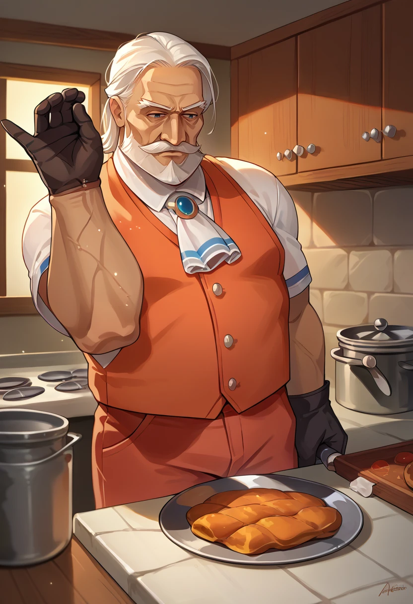 score_9, score_8_up, score_7_up, source_anime, RegalBuisnessman, old man, mustache, beard, medium hair, straight hair, ascot, white shirt, short sleeves, red vest, red pants, black gloves, saltbaememe, salt, indoors, kitchen, <lora:SaltBaeMeme_XLPD_CAME:1>, <lora:ChamRegalBuisnessmanPonyXL:1.0>