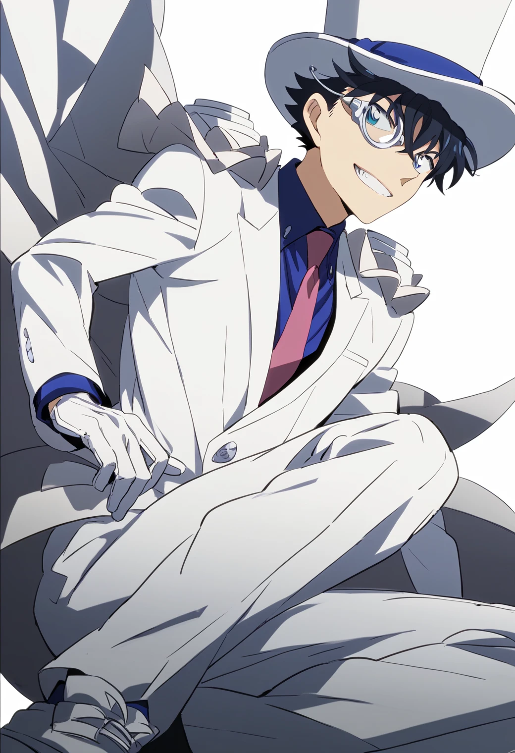 score_9, score_8_up, score_7_up, score_6_up, 1boy, kaito kid, brown hair, blue eyes, monocle, white top hat, blue shirt, red necktie, white cape, pauldrons, white pants, white shoes, official art, best quality, amazing quality, best aesthetic, absurdres, solo<lora:EMS-345883-EMS:1.000000>, <lora:EMS-338448-EMS:0.800000>