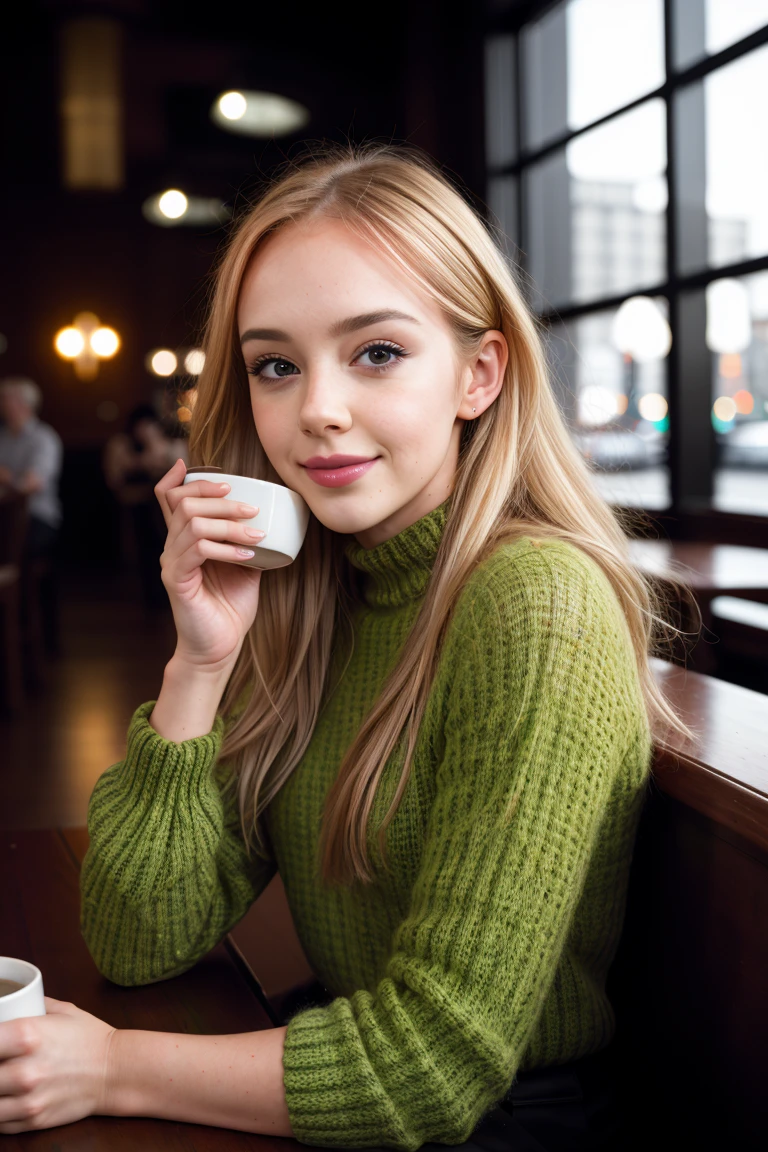 tv_Aurelie_MXAI, (((relaxed))), \"epic-Ultra-HD-details\", \"epic-Ultra-HD-highlights\", PA7_Portrait-FL, PA7_Human-Likeness, , , wearing a cozy knitted sweater, sitting in a café, holding a steaming mug with both hands, happy expression,, 8k resolution, highres, high detail, sharp focus, detailed skin, 8k uhd, bokeh, analog photography