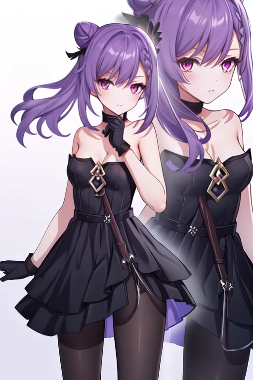 1girl, dress, gloves, pantyhose, hair bun, solo, strapless, black dress, purple hair, looking at viewer, oneplus, masterpiece, high resolution, ultra detailed, perfect hands, perfect anatomy