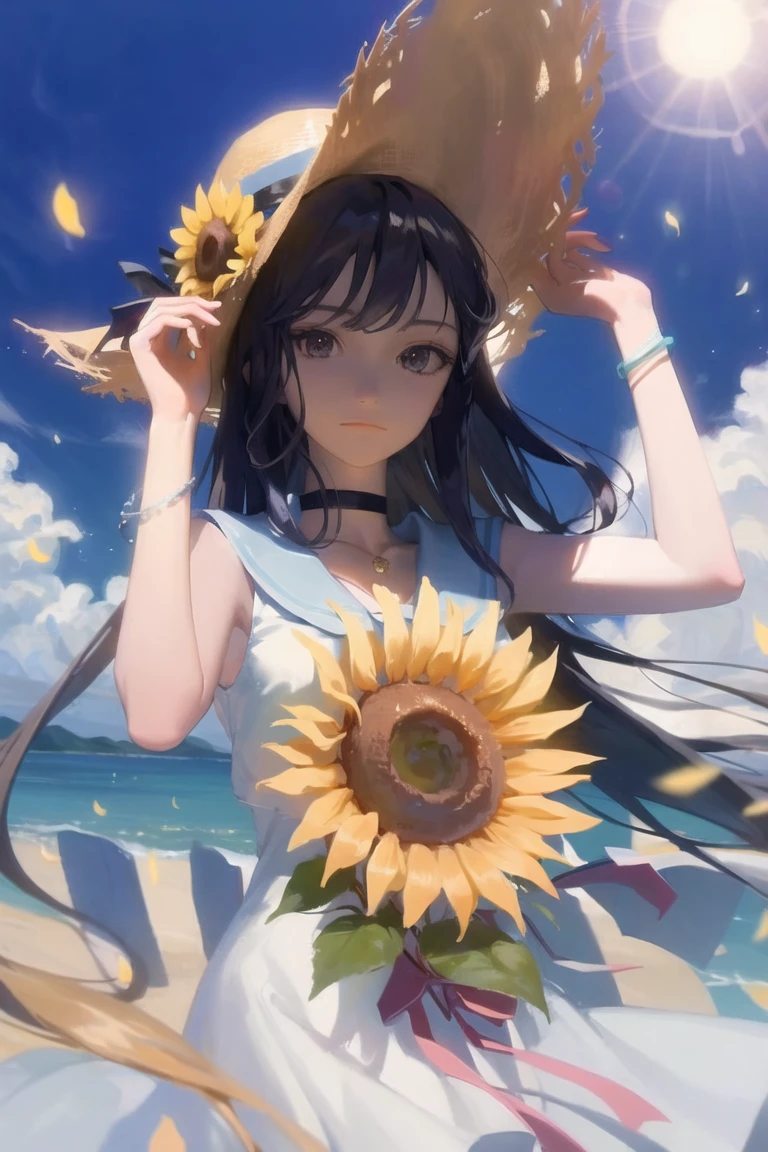 (masterpiece),best quality,1girl,hat,flower,sunflower,solo,long hair,dress,looking at viewer,straw hat,jewelry,petals,hand on headwear,holding,bracelet,ribbon,sailor dress,holding flower,sailor collar,choker,bangs,very long hair,necklace,closed mouth,sleeveless,sun hat,bouquet,