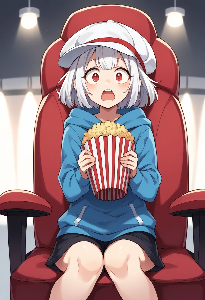 score_9, score_8_up, score_7_up, source_anime BREAK 1girl, solo,  <lora:zs_HikariXL:1> hikaripq2, white hair, medium hair, red eyes, white cabbie hat, blue hoodie, shorts, cinema, sitting, red chair, holding popcorn, dark room, artificial lights, open mouth, shocked, excited