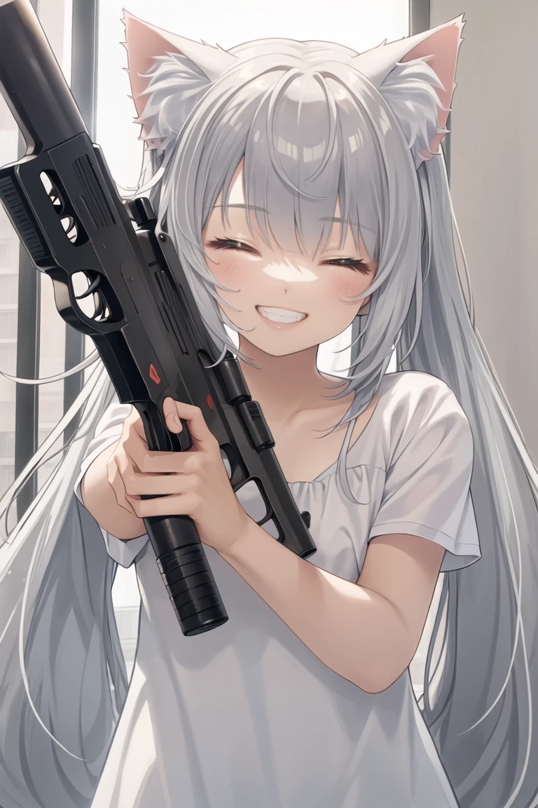 (masterpiece),best quality,1girl,gun,animal ears,solo,closed eyes,twintails,smile,holding gun,dress,aiming at viewer,short sleeves,handgun,animal ear fluff,upper body,grin,teeth,